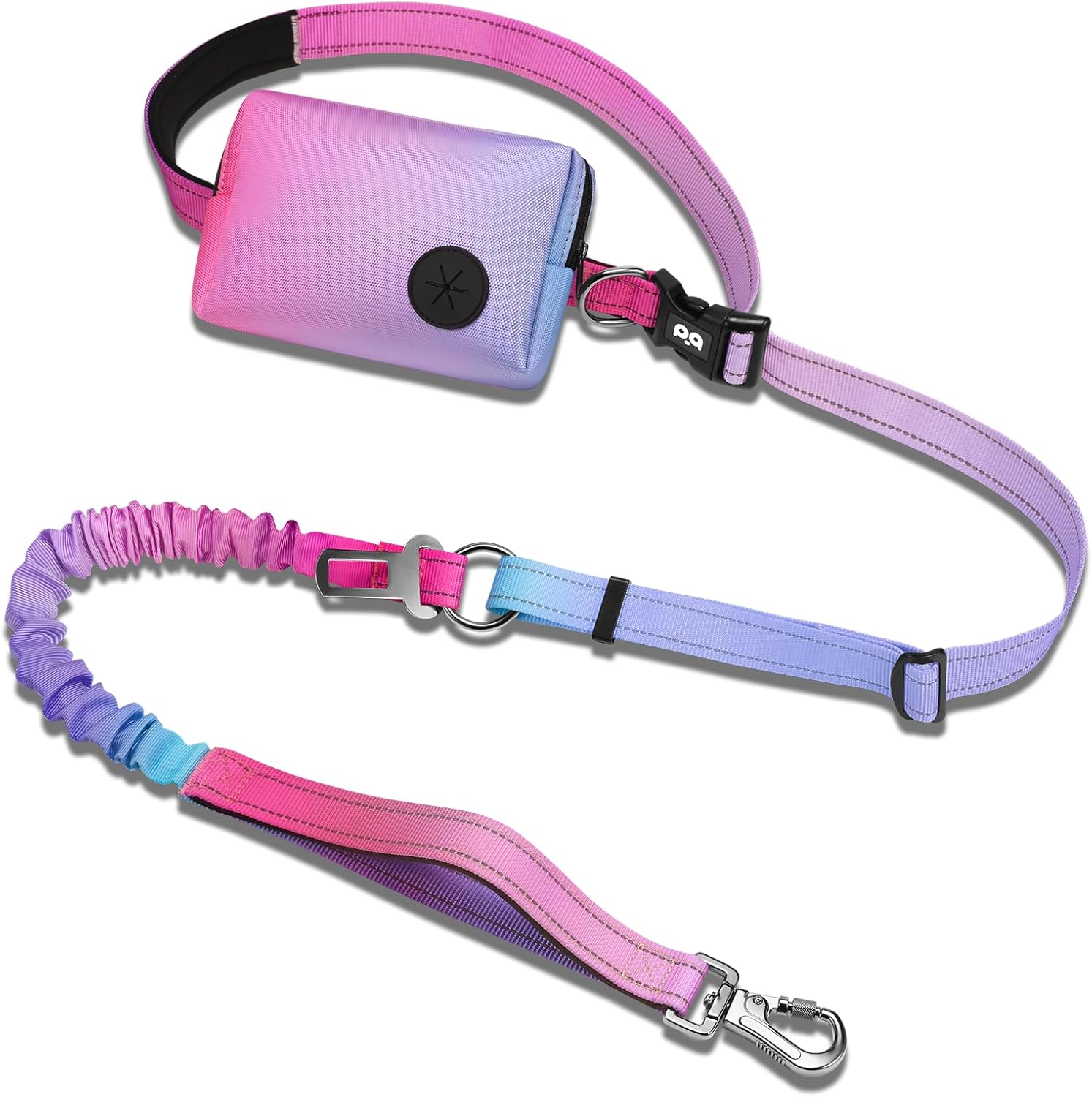 Hands-Free Reflective Dog Leash – Gradient Pink Purple, Waterproof Waist Pouch, Partial Bungee Shock Absorption & Traffic Handle, for Medium & Large Dogs up to 120 lb
