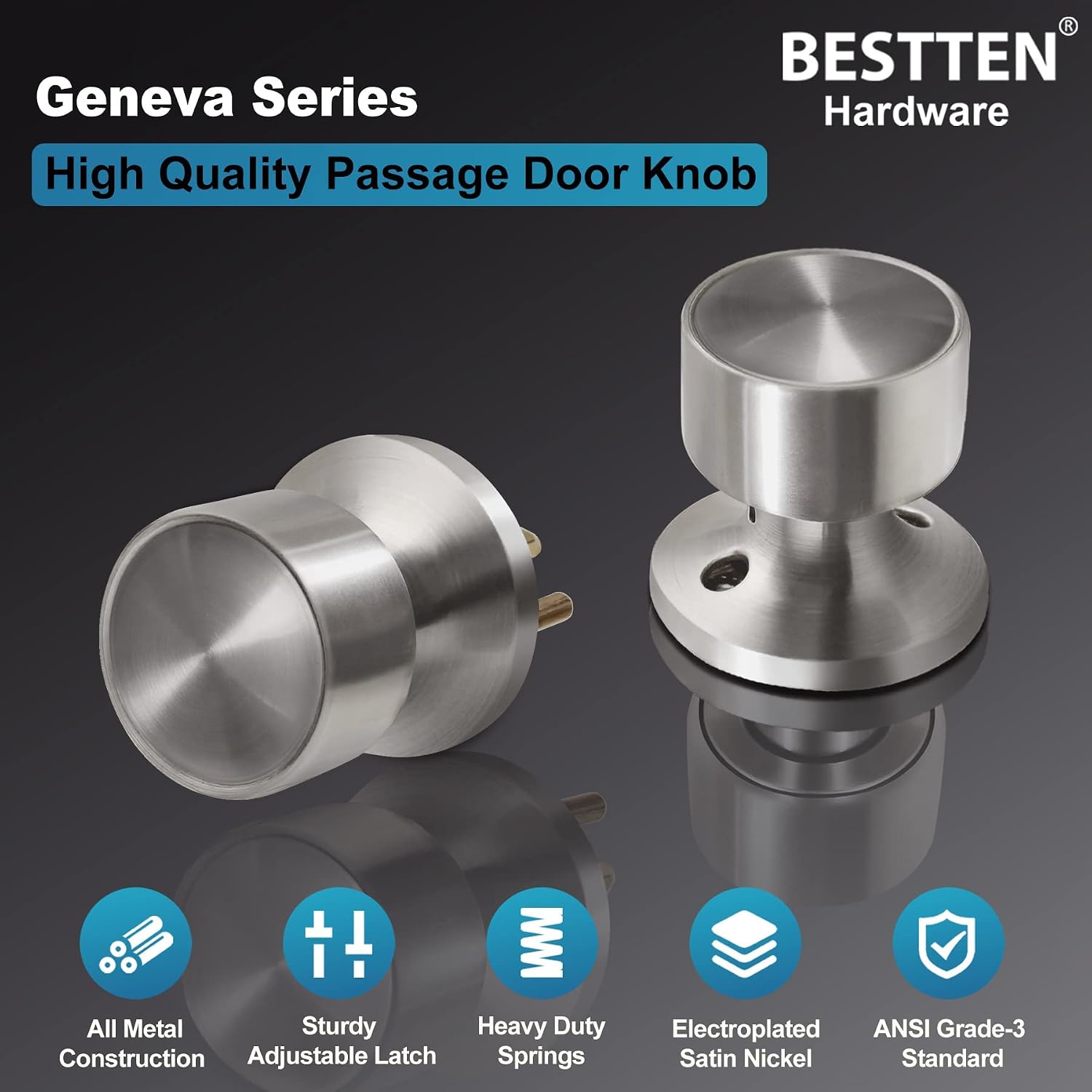 BESTTEN [5 Pack] Passage Door Knob Set with Nonlocking, Ball Door Knobs Interior, Heavy Duty Door Knob Set for Hallway and Closet, All Metal, Satin Nickel