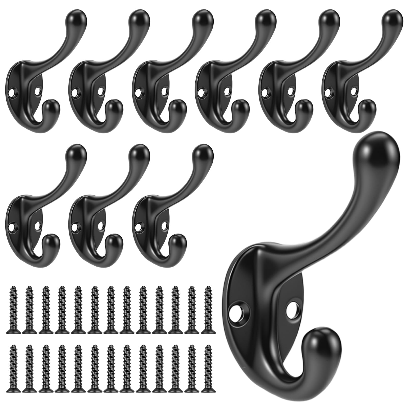 Black Coat Hooks for Wooden, 10 Pack Small Double Metal Hooks With Screws