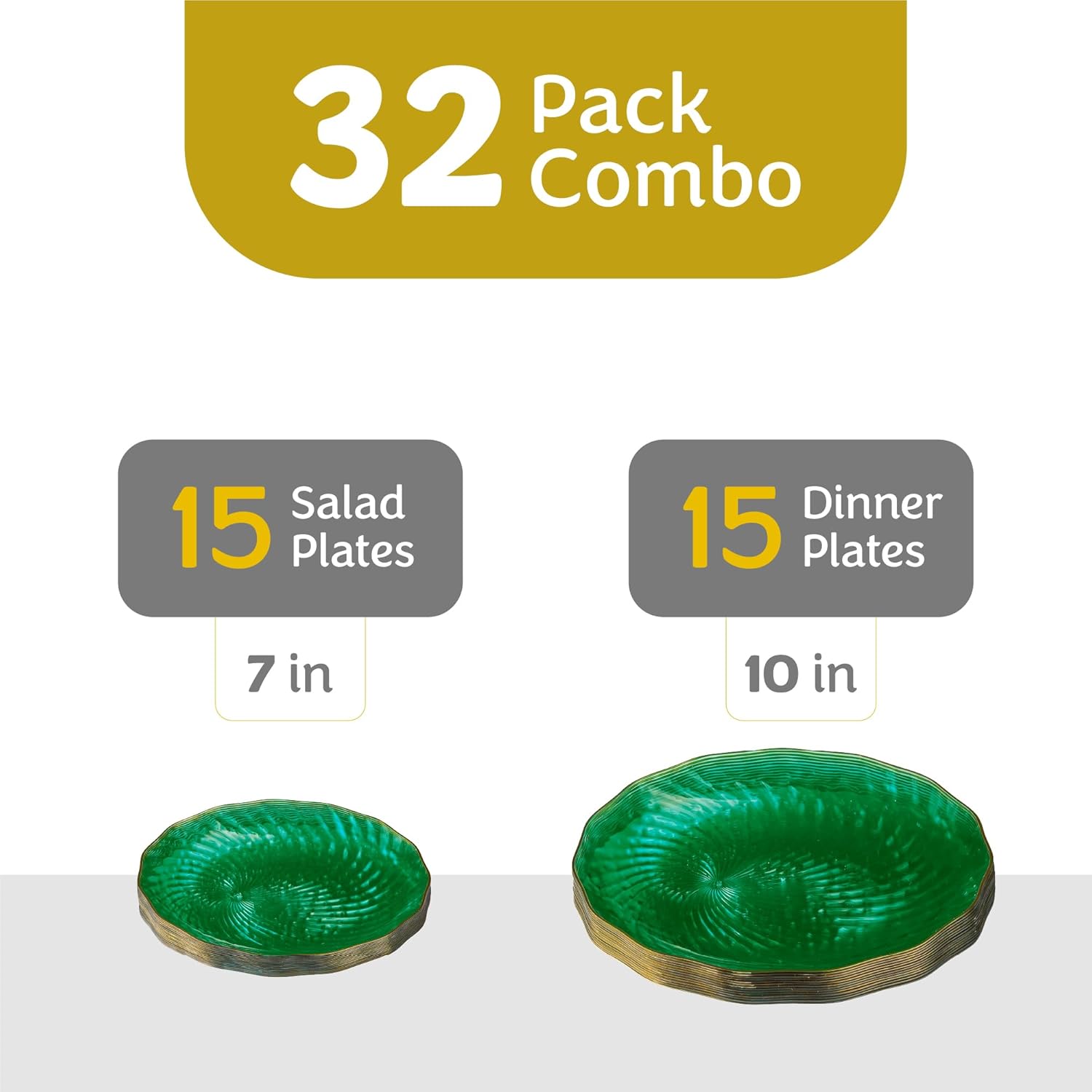PLASTICPRO 30 Pack Plastic Plate Set of 15-10 inch Plates and 15-7 inch Plates, Elegant Clear Green Spiral and Gold Rim Disposable Fancy Plate Premium Heavyweight - Image 6