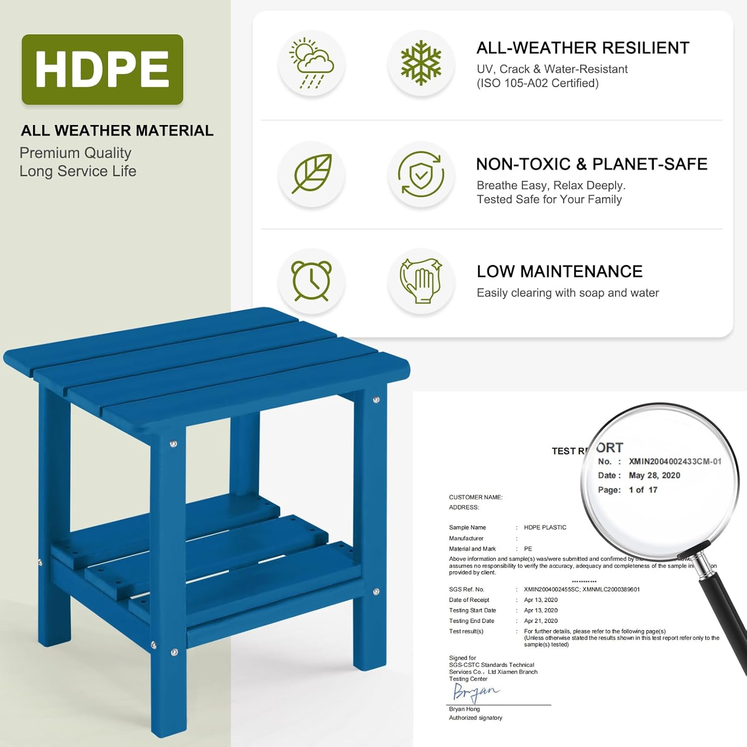 Adirondack Outdoor Side Table, 2-Tier Small Patio End Table, Weather Resistant HDPE Outdoor End Tables for Garden, Lawn, Pool, Beach, Porch, Deck, Backyard - Square, Dark Blue