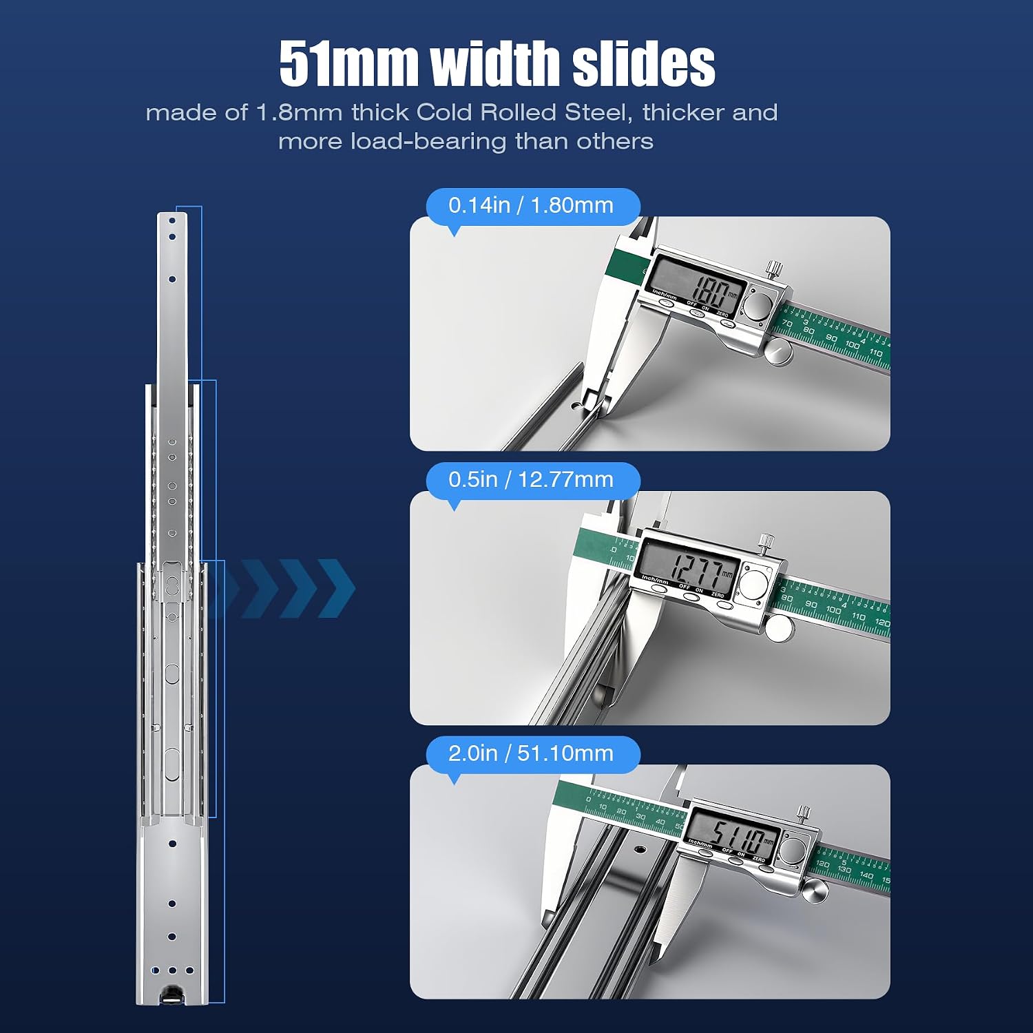 thickened 200lbs heavy duty drawer slides 1 pair 20 full extension ball bearing sliding rails kitchen cabinet rv runners shelf tool box tracks glides (1/2" thick, 20" l) 20inch w:51mm