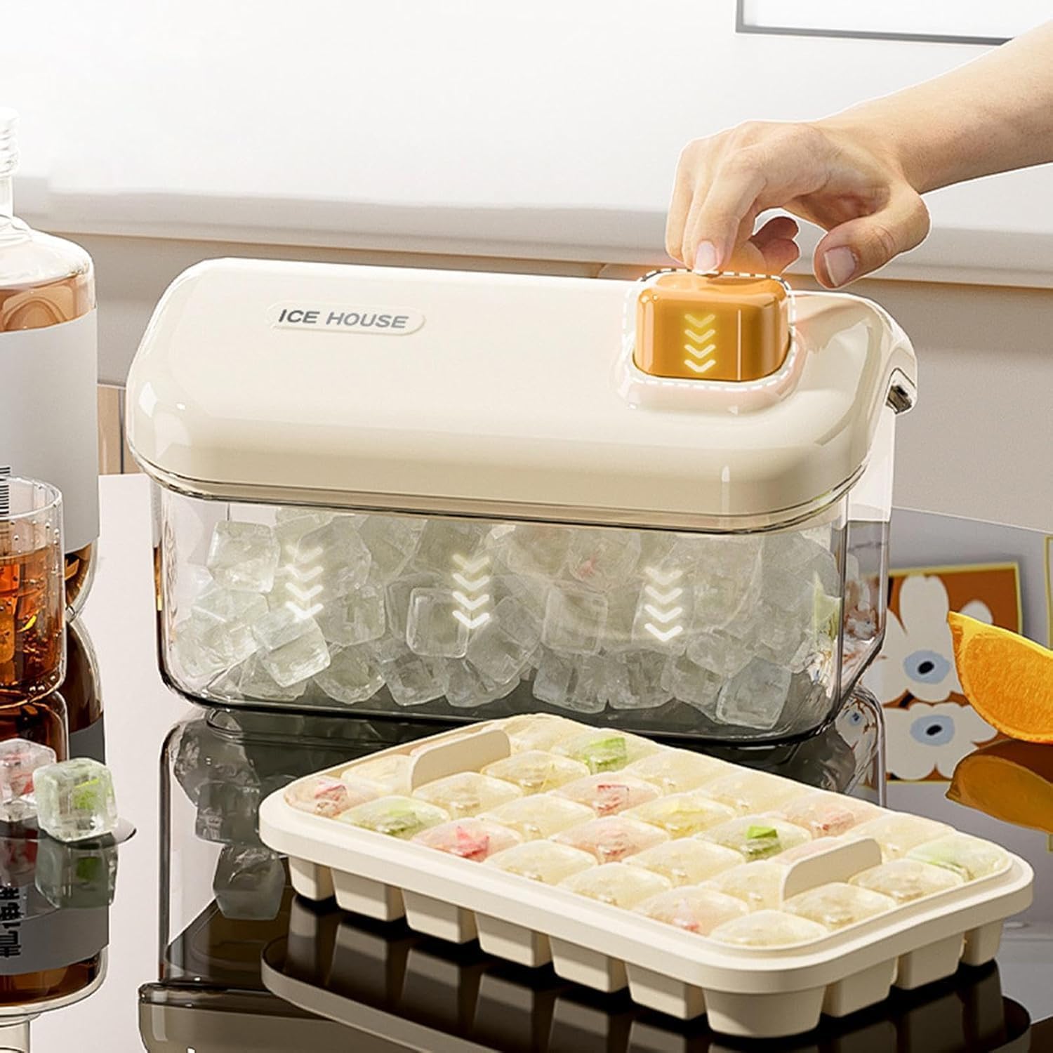 Homecloud 2-Layer Ice Cube Tray with Sealed Lid & Storage Bin – 56 Cubes, BPA-Free, One-Click Release (White)