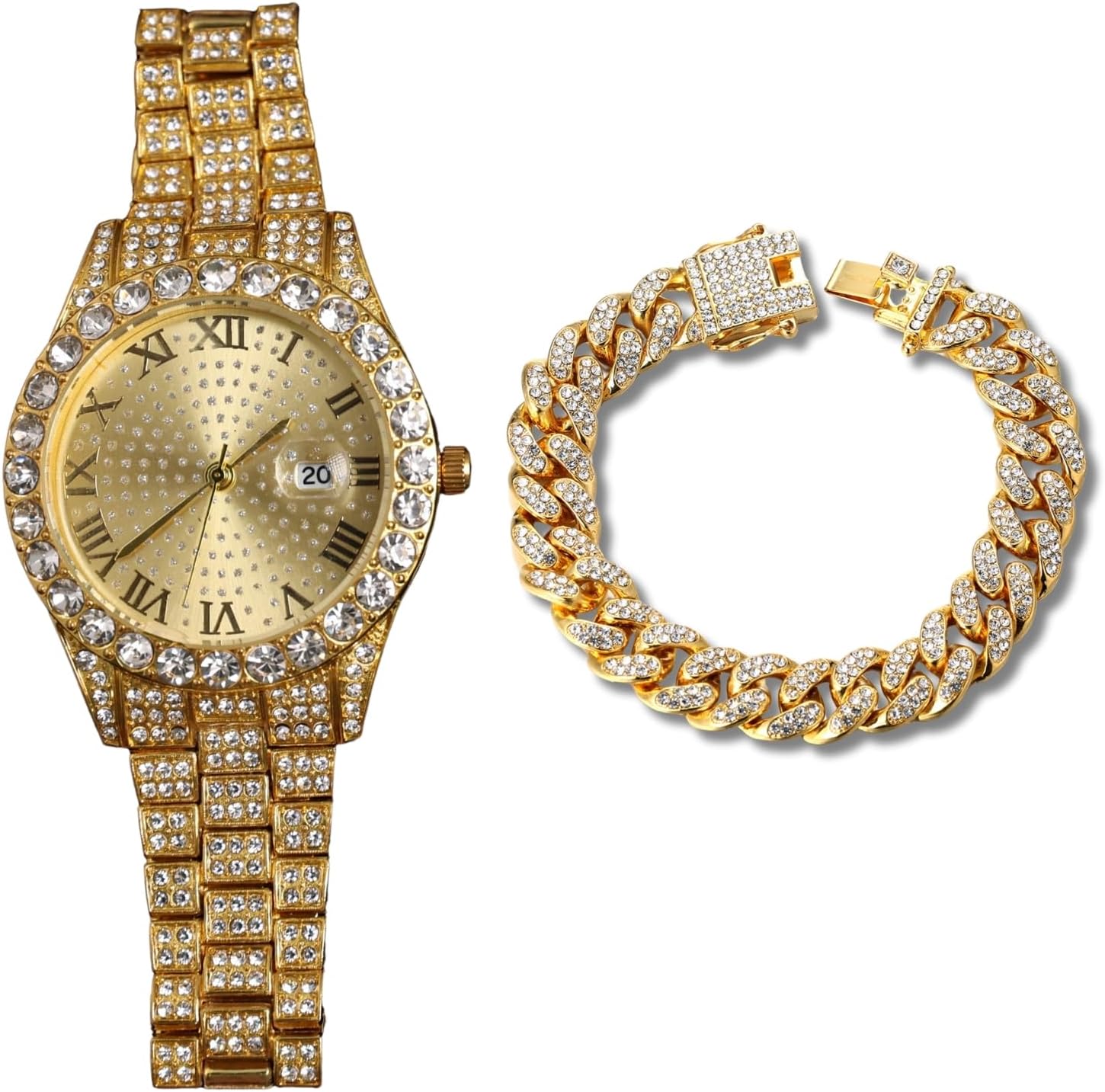 Gold Diamond Watch for Men - 43mm Roman Numerals Round Dial - 18K Real Gold/Platinum White Gold Plated 8.8" Strap - Japanese Quartz - Luxury Jewelry - Can Paired with Cuban Chain