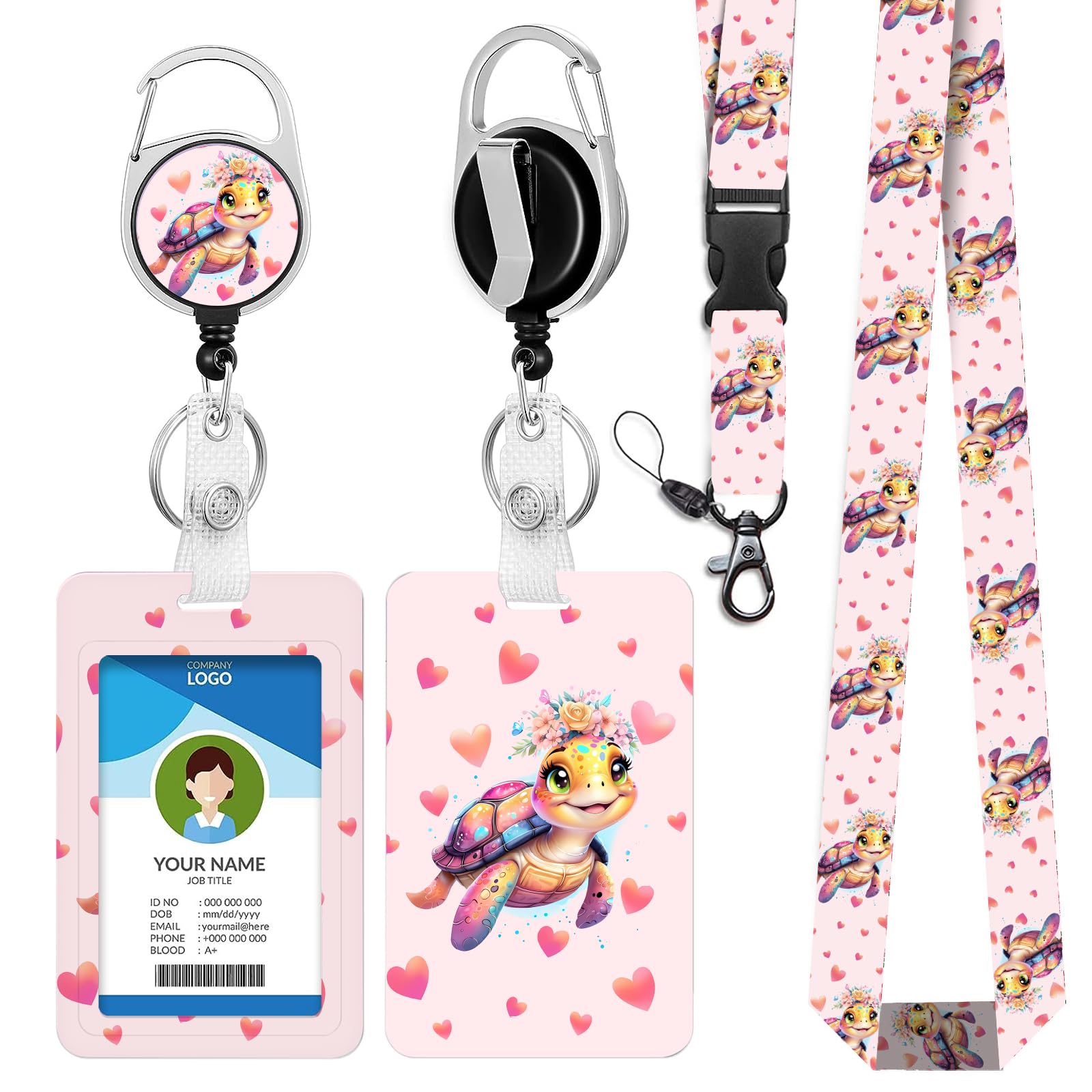 bolimoss Sea Turtle ID Card Holder with Breakaway Lanyard, Cute ID Card Protector Case with Badge Reel Carabiner Clip, Adjustable Neck Lanyard Strap for Keys, ID Badge Holder for Teacher Nurse(Pink)