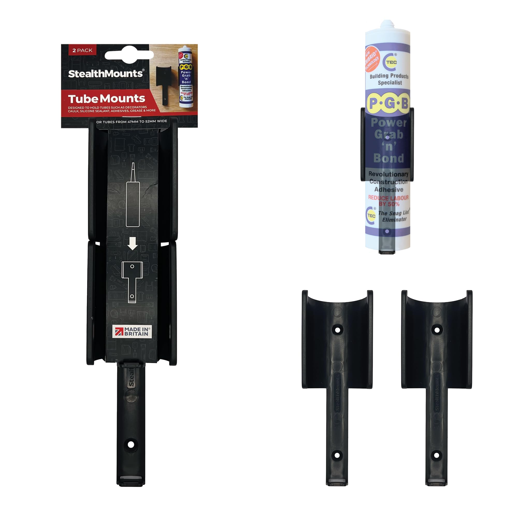 StealthMounts Tube Holder - 2 Pack Wall Mount Holders for Silicone Mastic & Adhesive Tubes, Black, 5.1 cm x 14.65 cm x 3.5 cm
