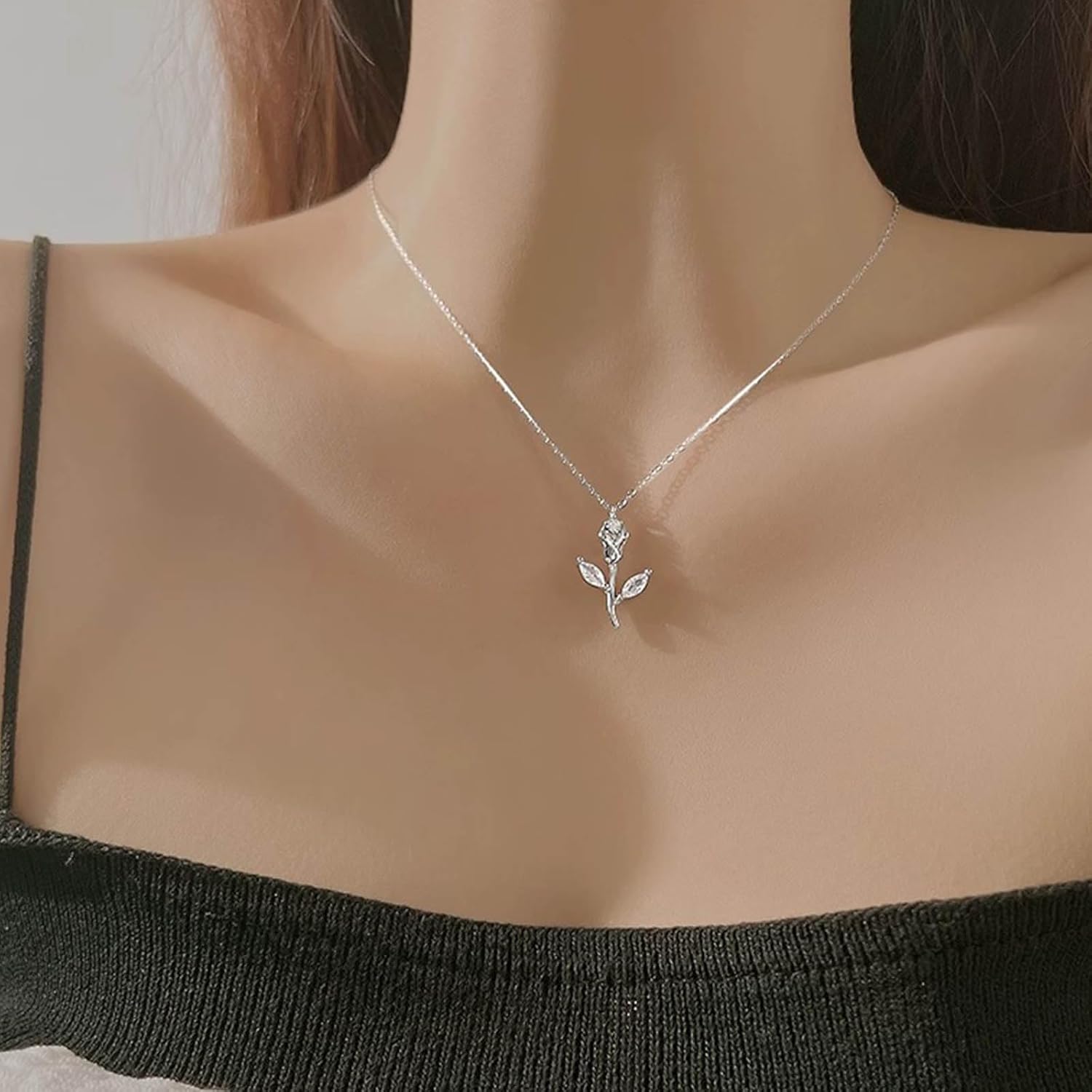 Bohemian Crystal Rose Choker Necklace Silver Rose Flower Pendant Necklace Small Cz Flower Collar Necklace Rhinestone Rose Chain Necklace Jewelry for Women Gifts - Image 5