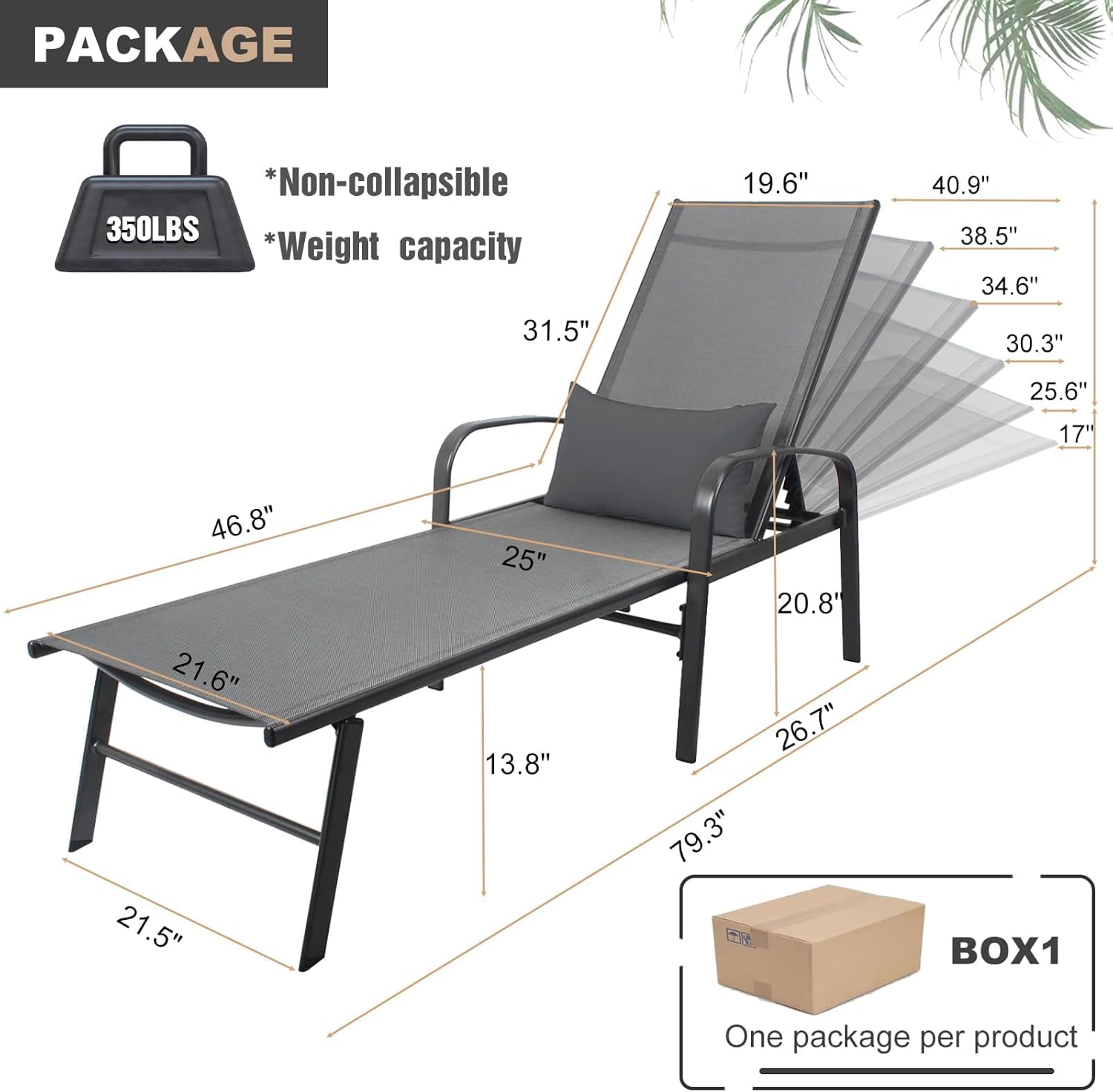 Outdoor Chaise Lounge Chair Adjustable Pool Lounge Chairs with Lumbar Pillow Outside Tanning Chairs for Beach Deck Backyard Lawn (Grey, 2 pcs)