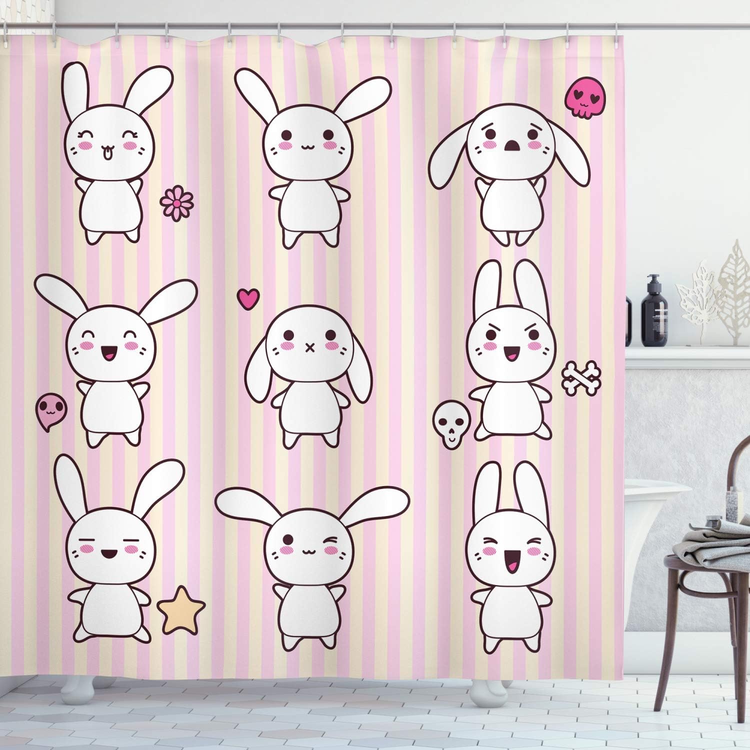 Ambesonne Rabbit Shower Curtain, Bunny Rabbit with Skull Flower Star on Striped Display Girls Print, Cloth Fabric Bathroom Decor Set with Hooks, 69" W x 70" L, White and Pink