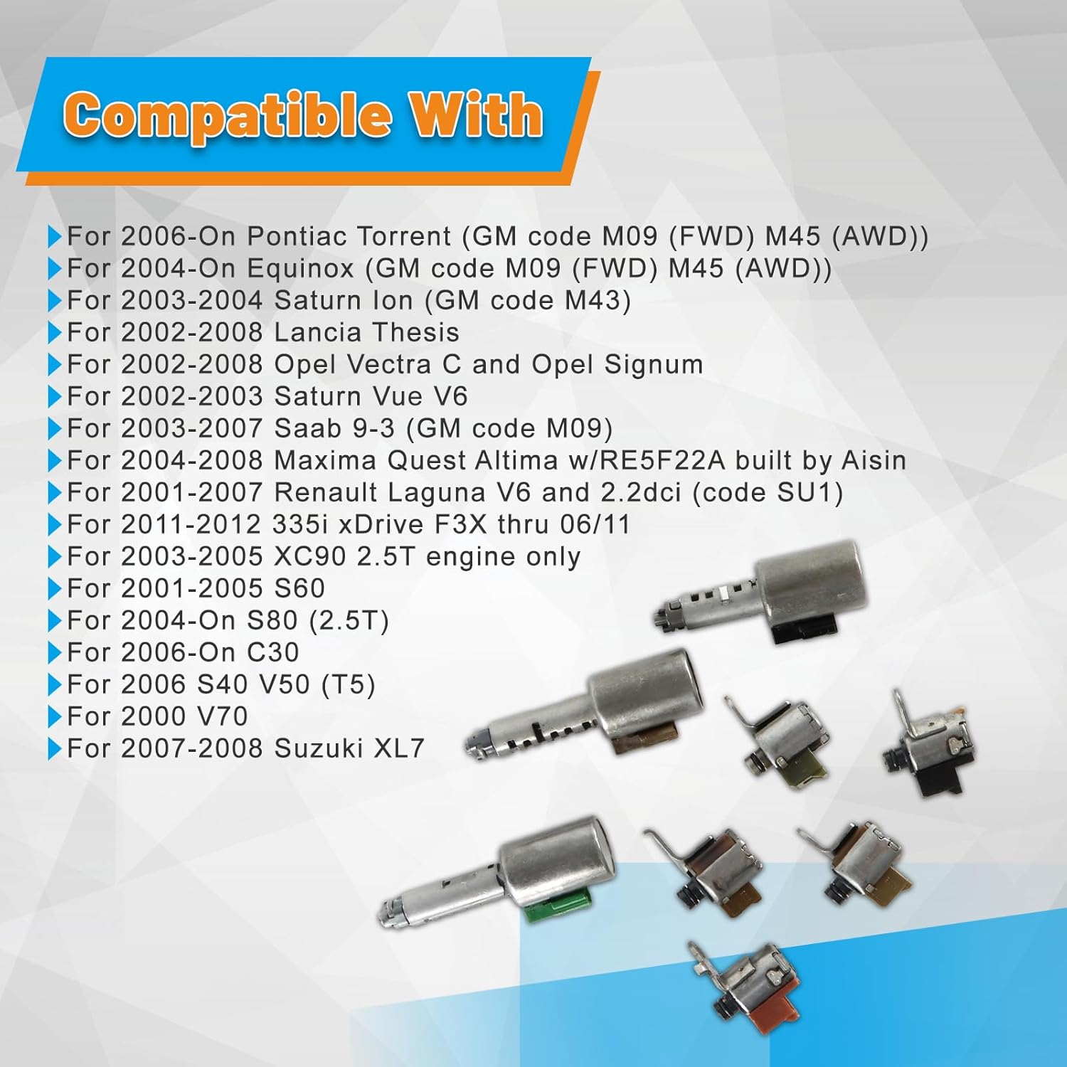 8pcs AW55-50SN AF33-5 RE5F22A Transmission Solenoid Set For 2003-2004 Saturn 2002-2008 Lancia Thesis 2004-2008 Maxima Quest Saab 9-3 Volvo S60 V70 Nissan Maxima Replace OE Direct Fit