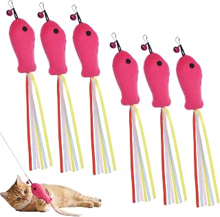 6 Pcs Cat Wand Toy Cat Toy Plush Filled Pink Flopping Fish Interactive Cats Toys with Ribbons Cats Fish Toys for Indoor Kitten Play Chew