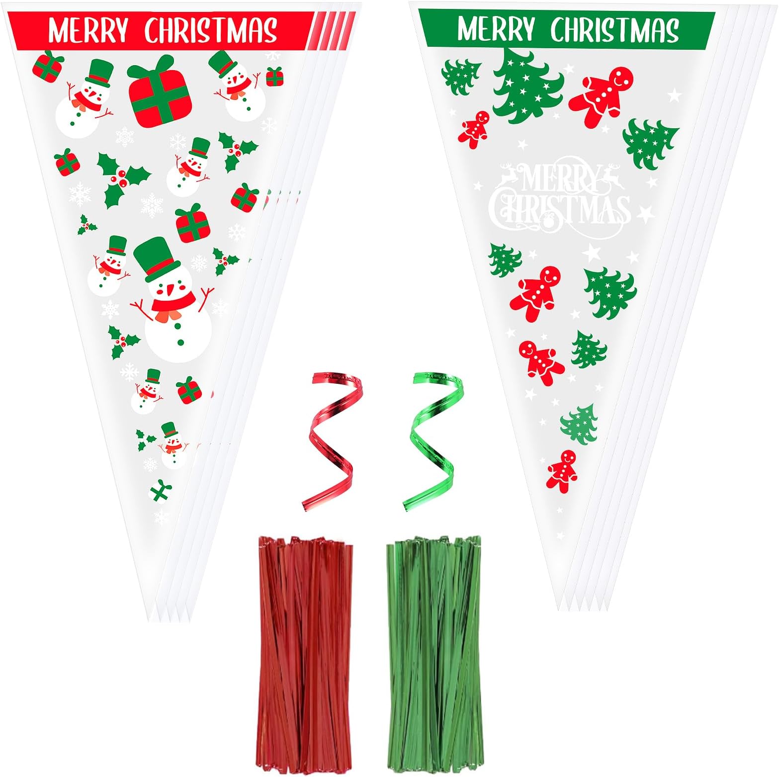 Christmas Sweet Cones Bags,Cydaluya 100pcs 13 * 25cm Sweet Cone Bags,Triangle Christmas Sweet Bags with 50 Red Twist Ties & 50 Green Twist Ties for Candy and Cookies Packaging