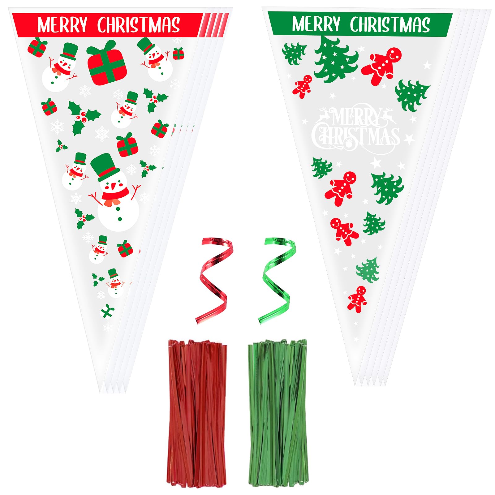 Christmas Sweet Cones Bags,Cydaluya 100pcs 13 * 25cm Sweet Cone Bags,Triangle Christmas Sweet Bags with 50 Red Twist Ties & 50 Green Twist Ties for Candy and Cookies Packaging