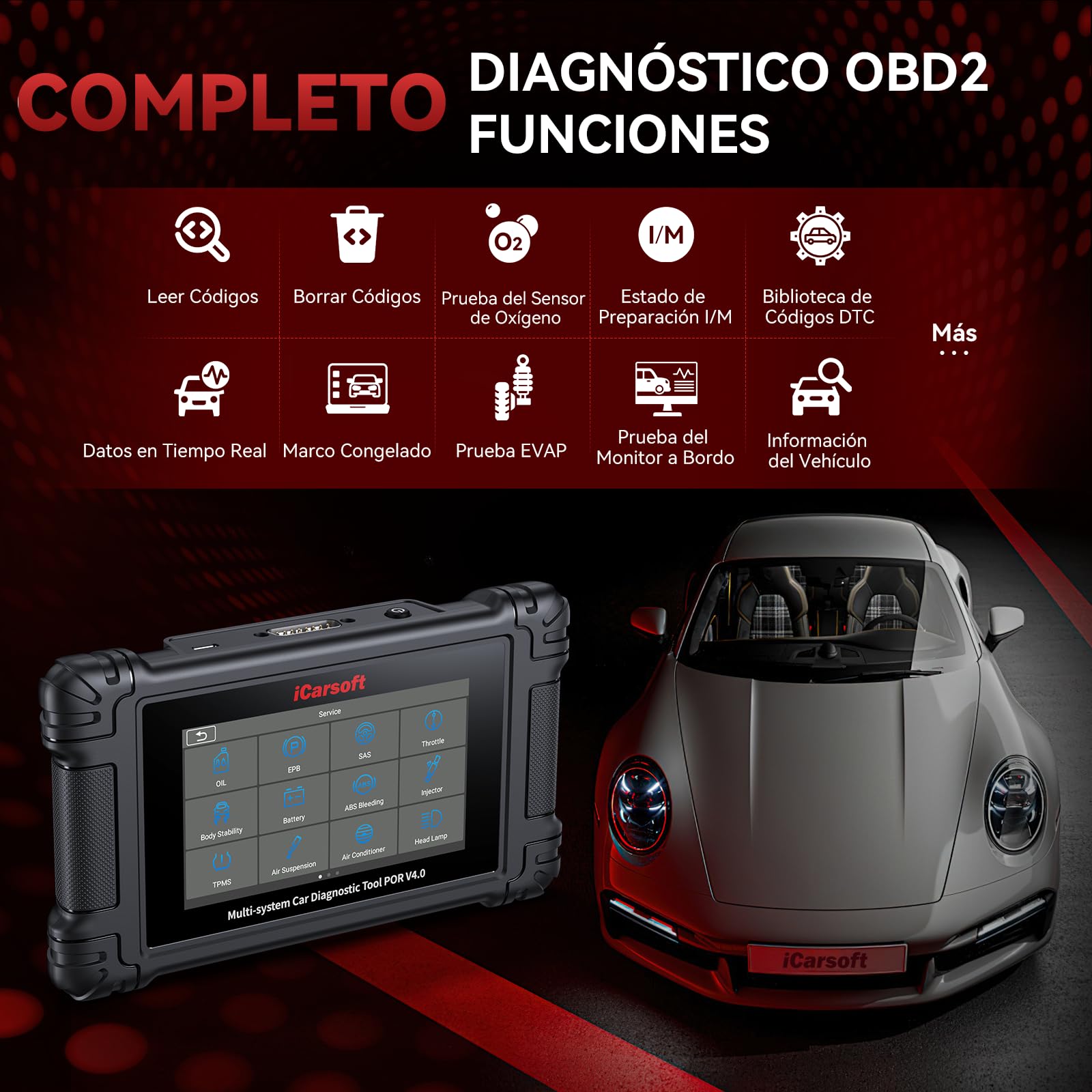 iCarsoft por V4.0 Herramienta de Diagnóstico para Porsche +2 Marcas de Vehículos Extra, Escáner OBD2 con Prueba Bidireccional/26 Servicios (177 Subservicios) +66 Servicios Extra, Registro de Batería