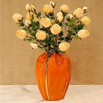 Pumpkin Vase Orange/Green,Dining Table Vase Modern Handmade Ceramic Vase Light Luxury, Suitable for Home Decoration, Hotel, High-end Table Dried Flower Arrangement Orange, 11.8in