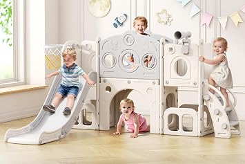 Babytronic مجموعة الشرائح طفل صغير، 8 في 1 شريحة أطفال مع متسلق، داخلي في الهواء الطلق الشريحة للأطفال الصغار العمر 1-3، مجموعة اللعب طفل صغير مع طوق كرة السلة ونفق، طفل صغير داخلي في الهواء الطلق ملعب أبيض&رمادي