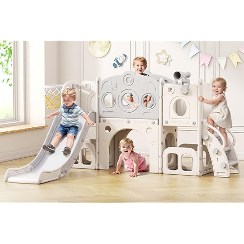 Babytronic Toddler Slide Set, 8 in 1 Kids Slide with Climber, Indoor Outdoor Slide for Toddlers Age 1-3, Toddler Playset with Basketball Hoop and Tunnel, Toddler Indoor Outdoor Playground (White&Gray)