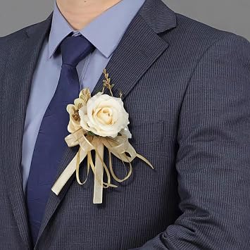 Boutonniere for Wedding Groom 2pcs Beige Satin Rose Groomsmen Best Man Father Suit Lapel Flower Button Hole Artificial Flower With Gold Ornament for Prom Homecoming, Tea Party, Formal Dinner