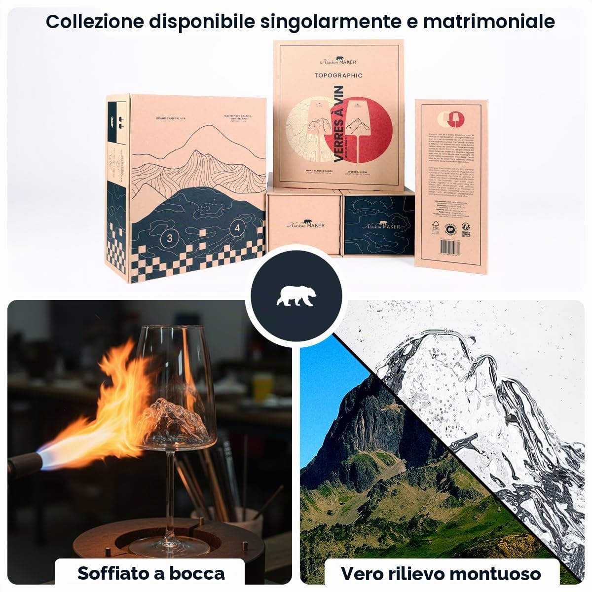 Alaskan MAKER Mont Blanc bicchiere da vino 400 ml – pregiato bicchiere in vetro borosilicato soffiato a mano con rilievo 3D della montagna sul fondo | Valigia rigida Premium con scatola magnetica |