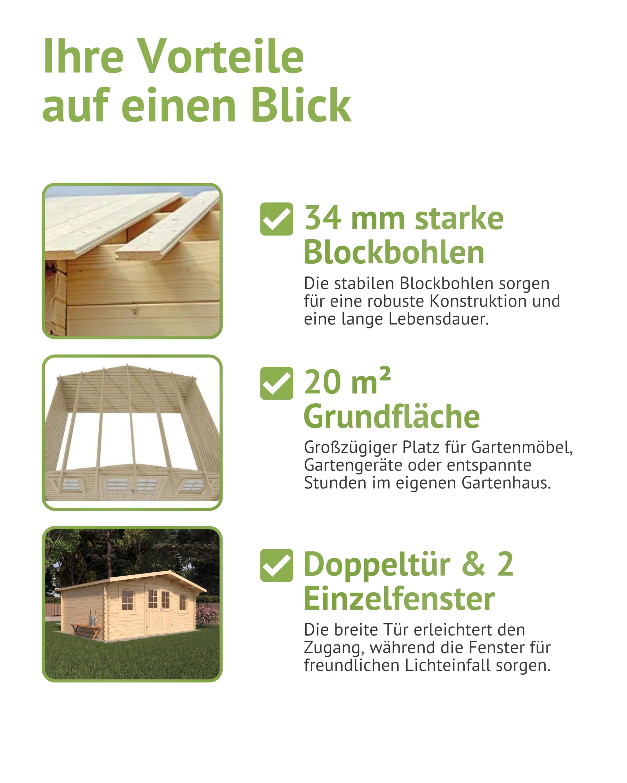 Steiner Shopping Gartenhaus Wiesenlust 04 I 34 mm Blockbohlenhaus aus naturbelassenem Holz I Außenmaß 500 x 440 cm I Großes Gartenhaus mit Satteldach, Doppeltür & 2 Fenstern