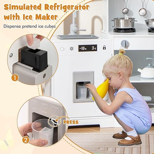 Miniatura 3 de HONEY JOY Juego de cocina esquinera para niños, juego de cocina de juguete de madera con luces y sonidos, campana extractora, máquina de hielo y