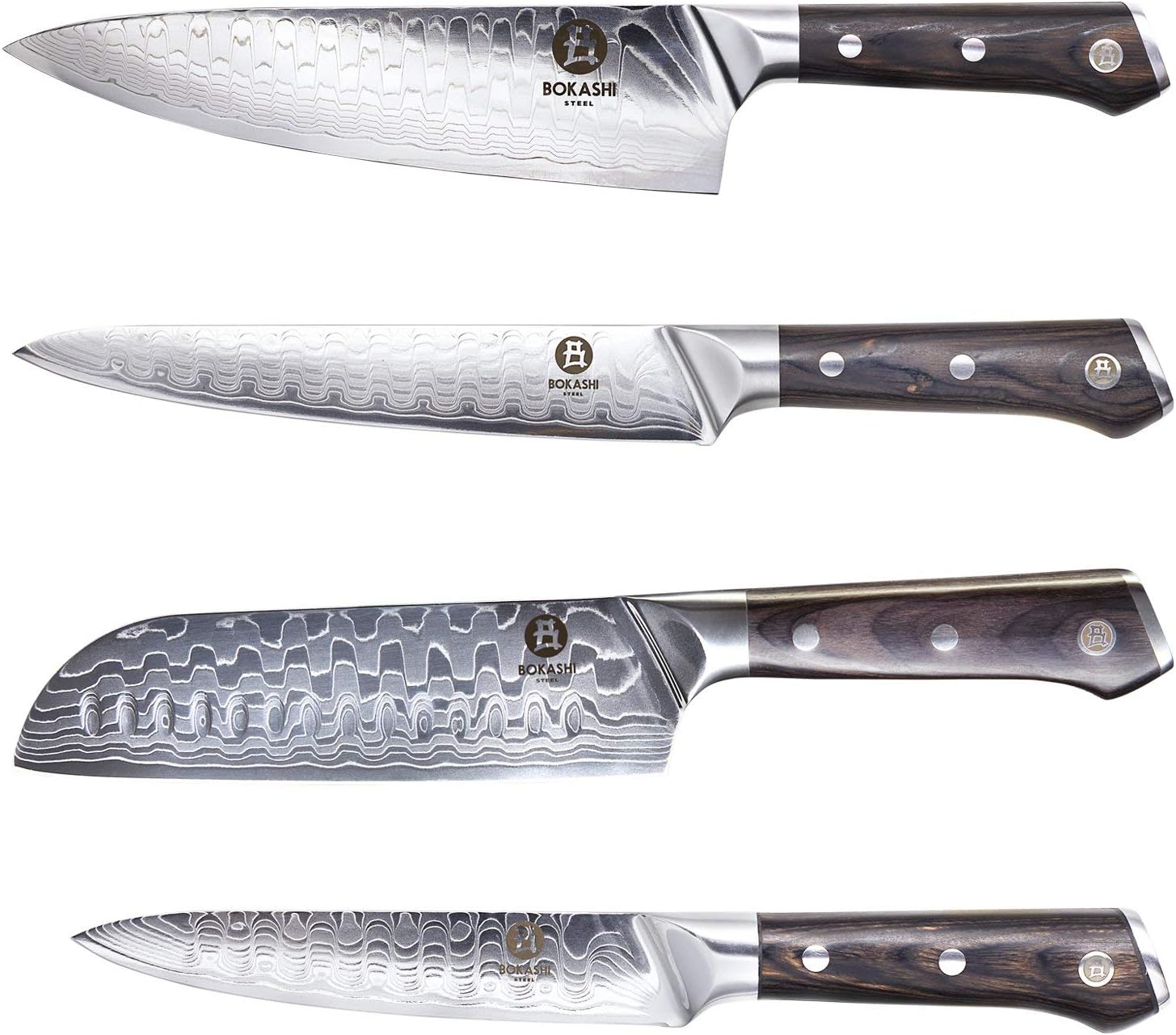 Knives Kitchen Set of 4 Japanese Damascus Chef Knives by Bokashi Steel Aus 10 / Vacuum Treated / 8.6" Chefs / 7" Santoku / 8" Slicing / 5.5" Utility