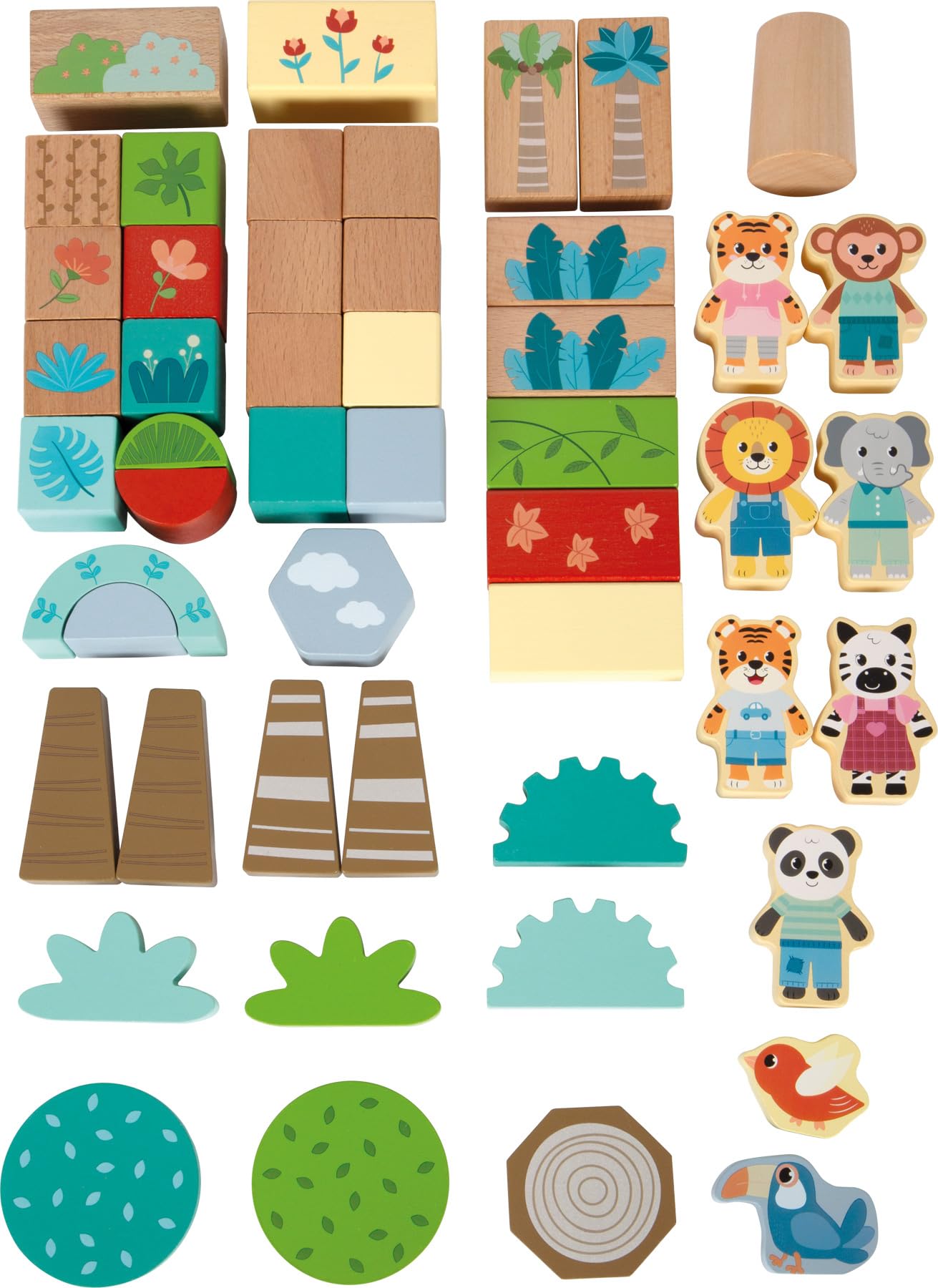 Small Foot Blocchi da Costruzione in Legno Jungle Friends,FSC® 100% Certificato, 50 Pezzi, Legno al Naturale e colorato, da 1 Anno, 12768