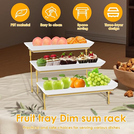 3 Tier Serving Tray Set for Party,29.5x14.9cm Plastic Platters for Serving Food,White Reusable Trays with Metal Display Stand for Buffets, Cake, Snack, Veggie, Fruit, Cookies, Dessert, Dishes