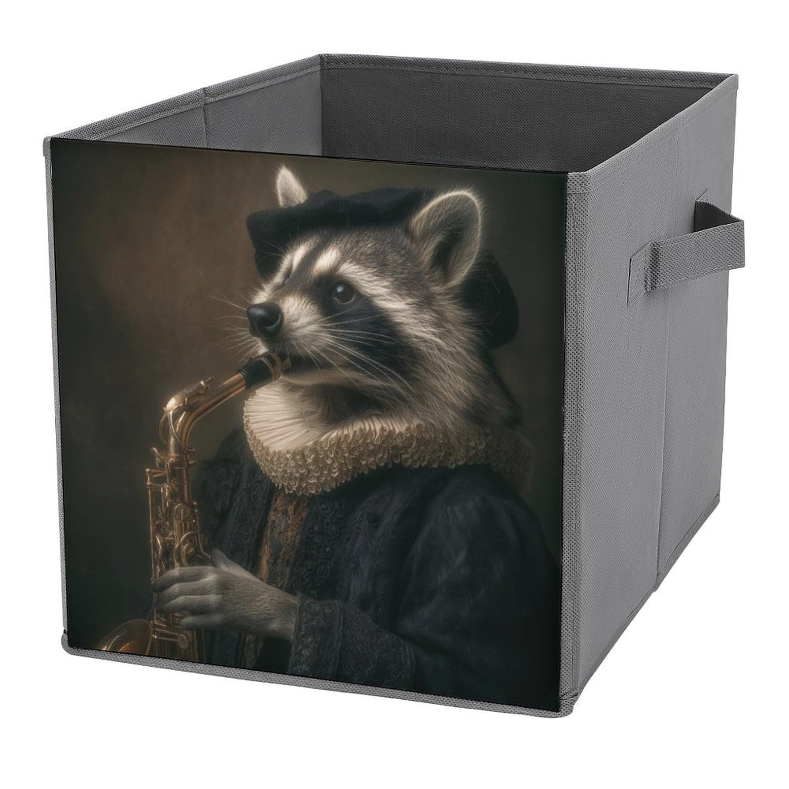 Jubonexis Raccoon Dressed in Dark Clothes Play The Saxophone Cube Storage Bins Storage Cubes Foldable Decorative Fabric Storage Baskets Home Organizers with Handles for Shelves,Closet, 27x27 CM