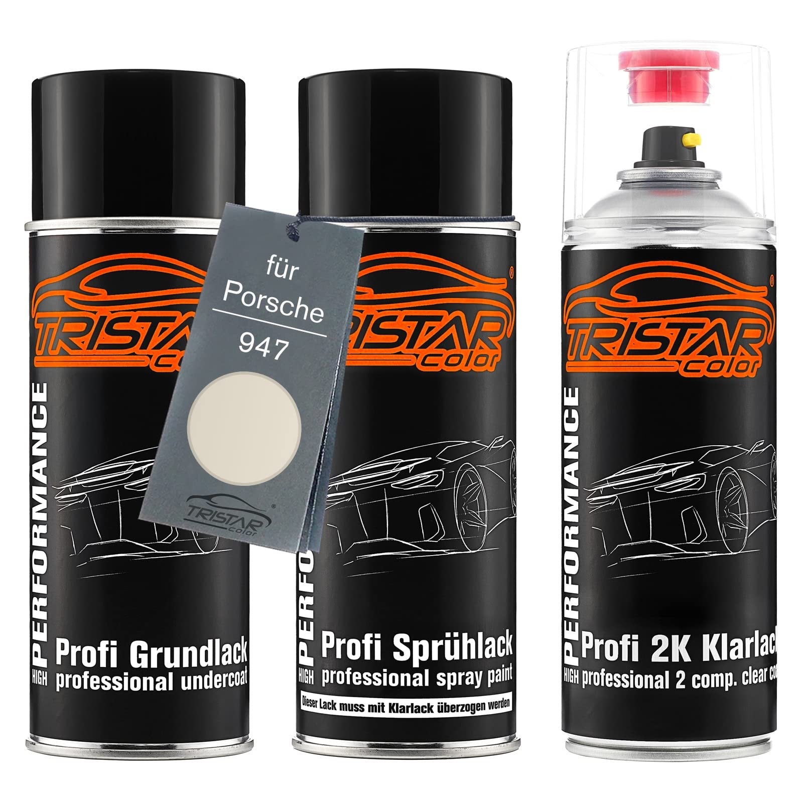 TRISTARcolor Car paint 2K spray can set for Porsche 947 Perlmutt Metallic/Perl Glanz Weiss Metallic under + base coat 2K clear coat