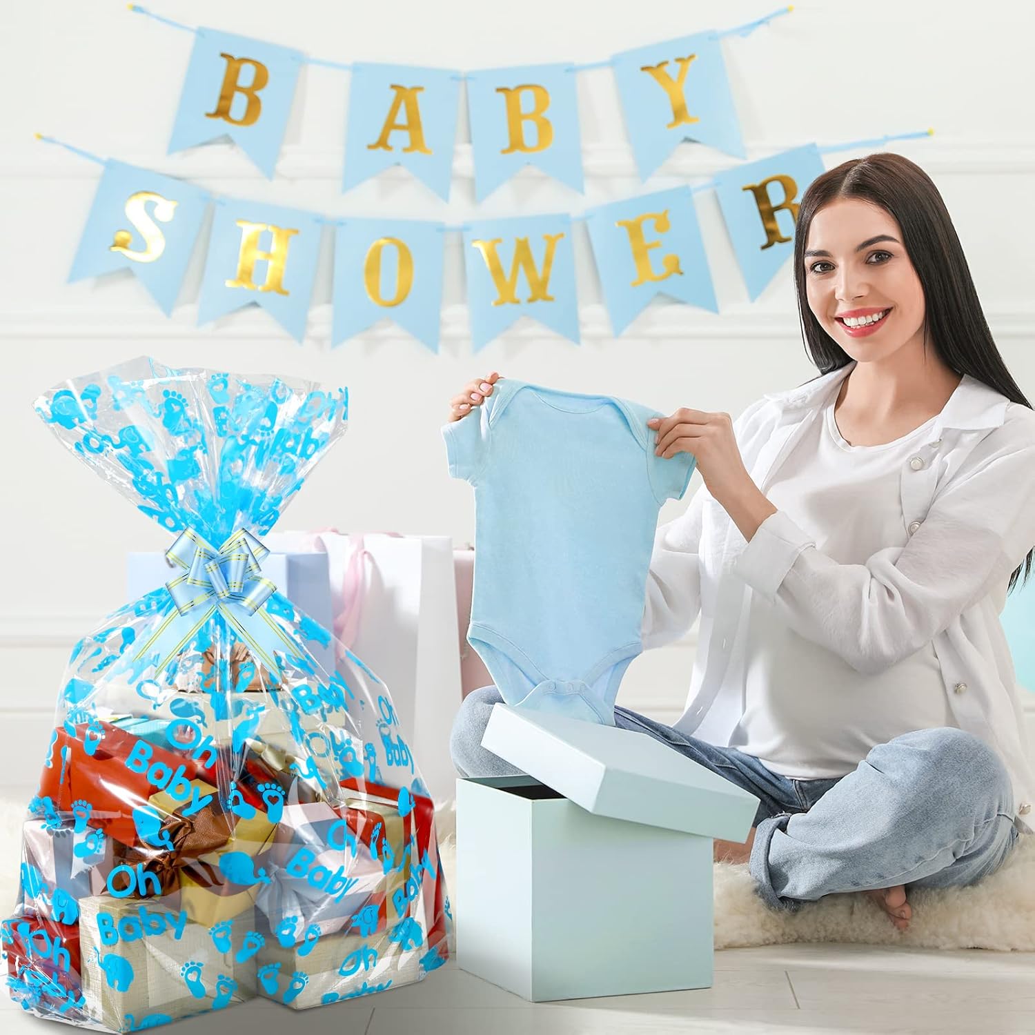 Outus 12 Pcs Extra Large Baby Shower Basket Bags with 10 Bows Ribbon 28 x 40 Inch Large Cellophane Baskets Empty Bags Jumbo Cellophane Wrap for Gift, Presents, Baby Shower(Blue) - Image 3
