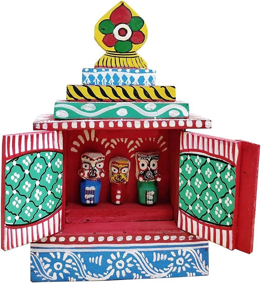 Lord Jagannath Balaram Subhadra Wooden Temple/ Handicraft for Puja Home Décor and Gift Wide 2.5 x Height 4 inch