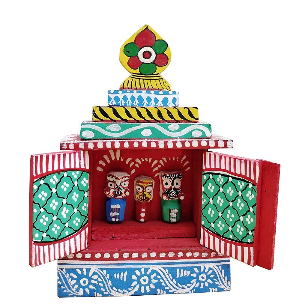 Lord Jagannath Balaram Subhadra Wooden Temple/ Handicraft for Puja Home Décor and Gift Wide 2.5 x Height 4 inch