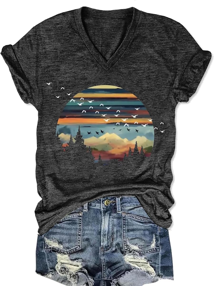 Vintage Boho Tops para mujer con cuello en V flores camisa primavera gráfico camisetas estampado floral verano casual manga corta camiseta Top