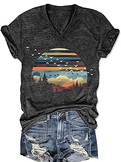 Women T Shirt Fall Graphic V Neck Tee Shirt Boho Casual Summer Tops Vintage Short Sleeve Clothes 2025 Trendy