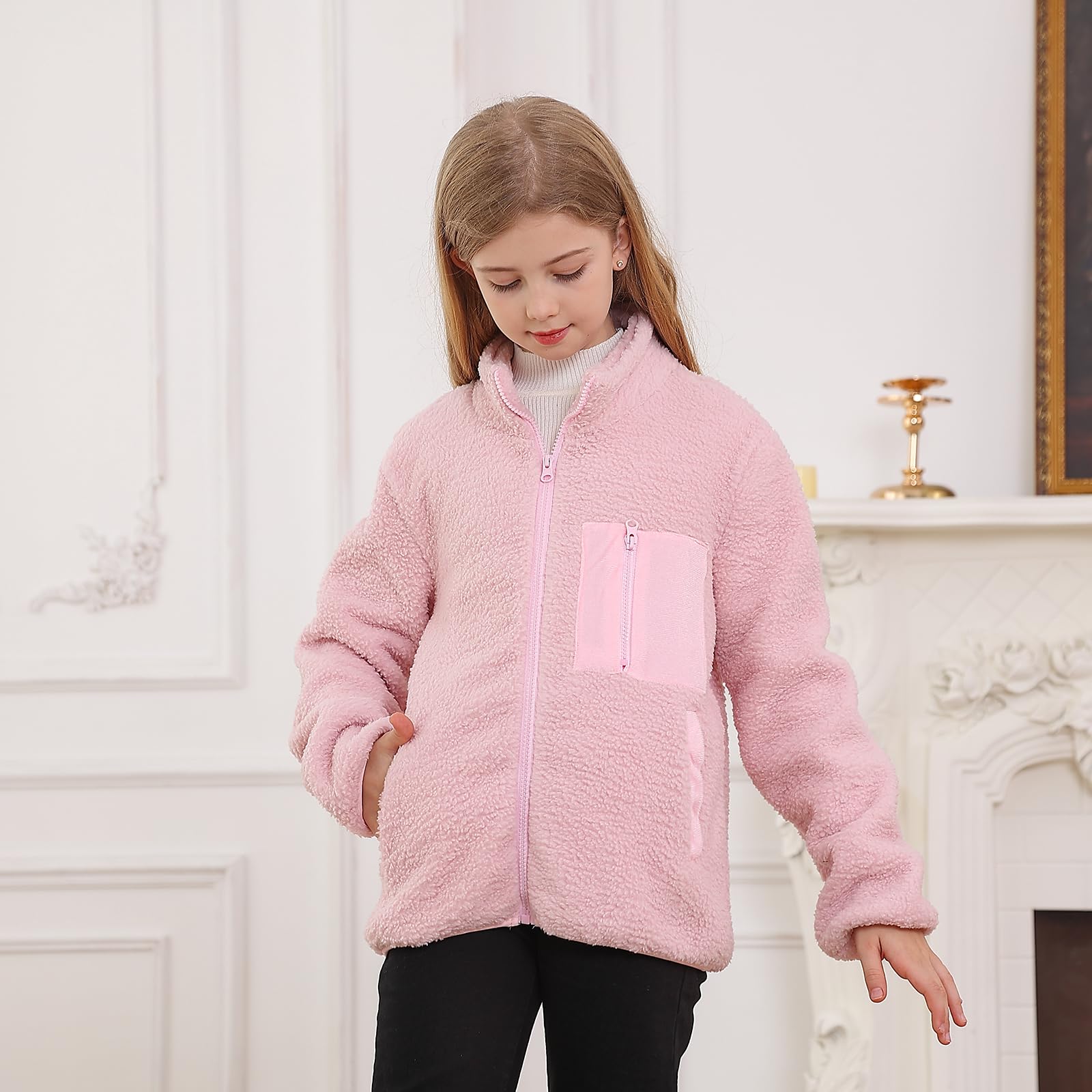 ALISISTER Fleecejacke Mädchen Jungen Sherpa Herbst Winter durchgehender Reißverschluss Flauschiger Mantel Oberbekleidung mit Taschen für 5–12 Jahre