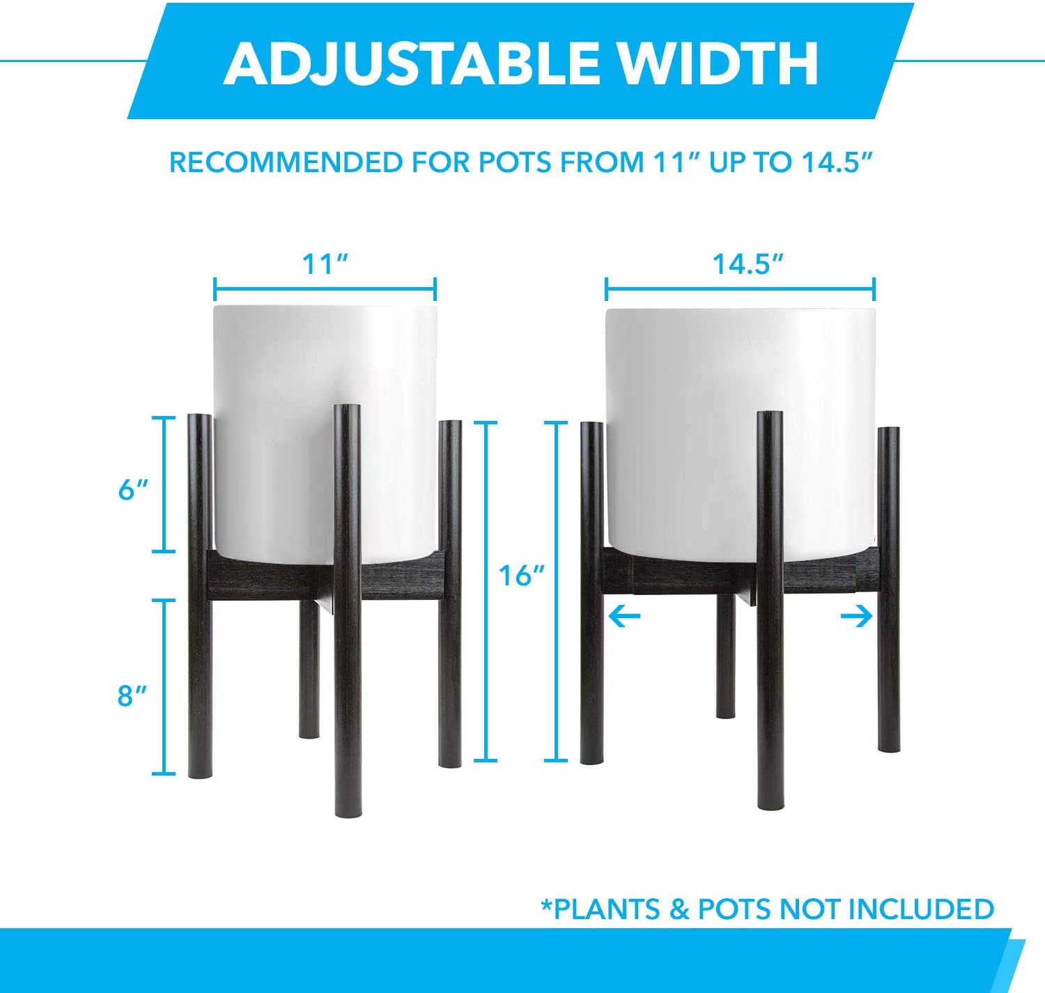 Oak & Boo Large Adjustable Mid Century Modern Plant Stands for Indoor Planters – Adjustable Width 11” to 14.5” Fits Tall and Large Pots (Pot Not Included) (Large Dark Bamboo)