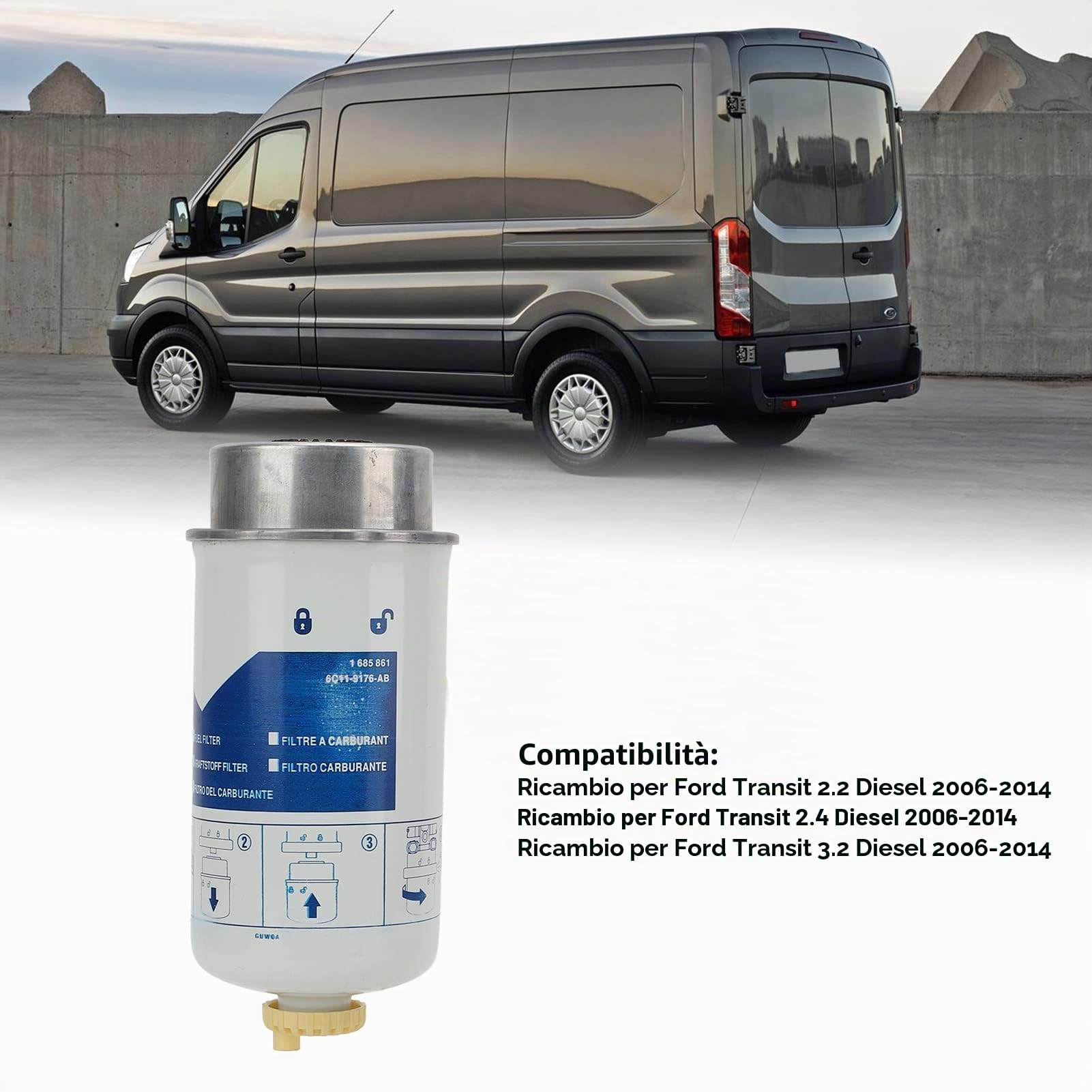 Pilipane Gruppo Filtro Carburante Diesel 1685861 Sostituzione per Ford Transit 2.2 2.4 3.2 MK7 Diesel 2006-2014, Filtro Carburante,