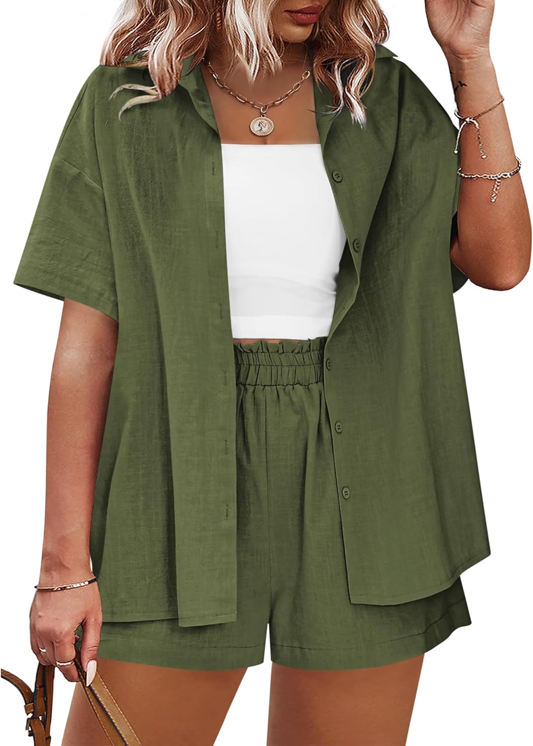 IN'VOLAND Women's Plus Size 2 Piece Tracksuit Outfits Sets Cotton Linen Sets Short Sleeve Shirt Summer Casual Shorts Set