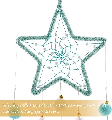 Miniatura 3 de Pretty Jolly Atrapasueños de estrella verde para niños, decoración de pared con pompón, plumas, atrapasueños para bebés, hecho a mano, atrapasueños