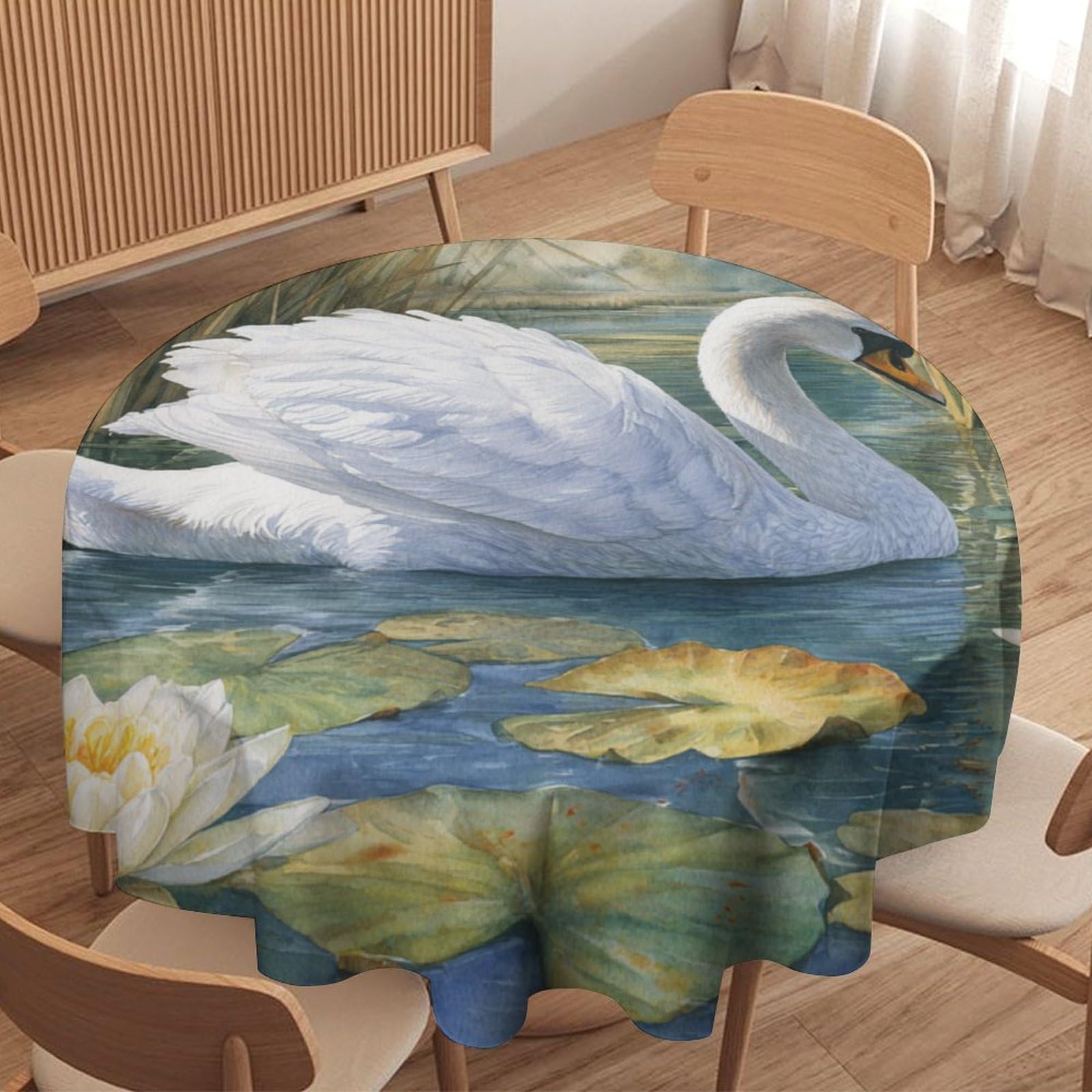 LUYYSKY Beautiful Abstract Elegant Swan Waterproof Round Tablecloth Fantasy Watercolor Lake Lotus Floral Animal Swan Pattern Washable Table Cover for Kitchen-177.8" Wx177.8 L cm
