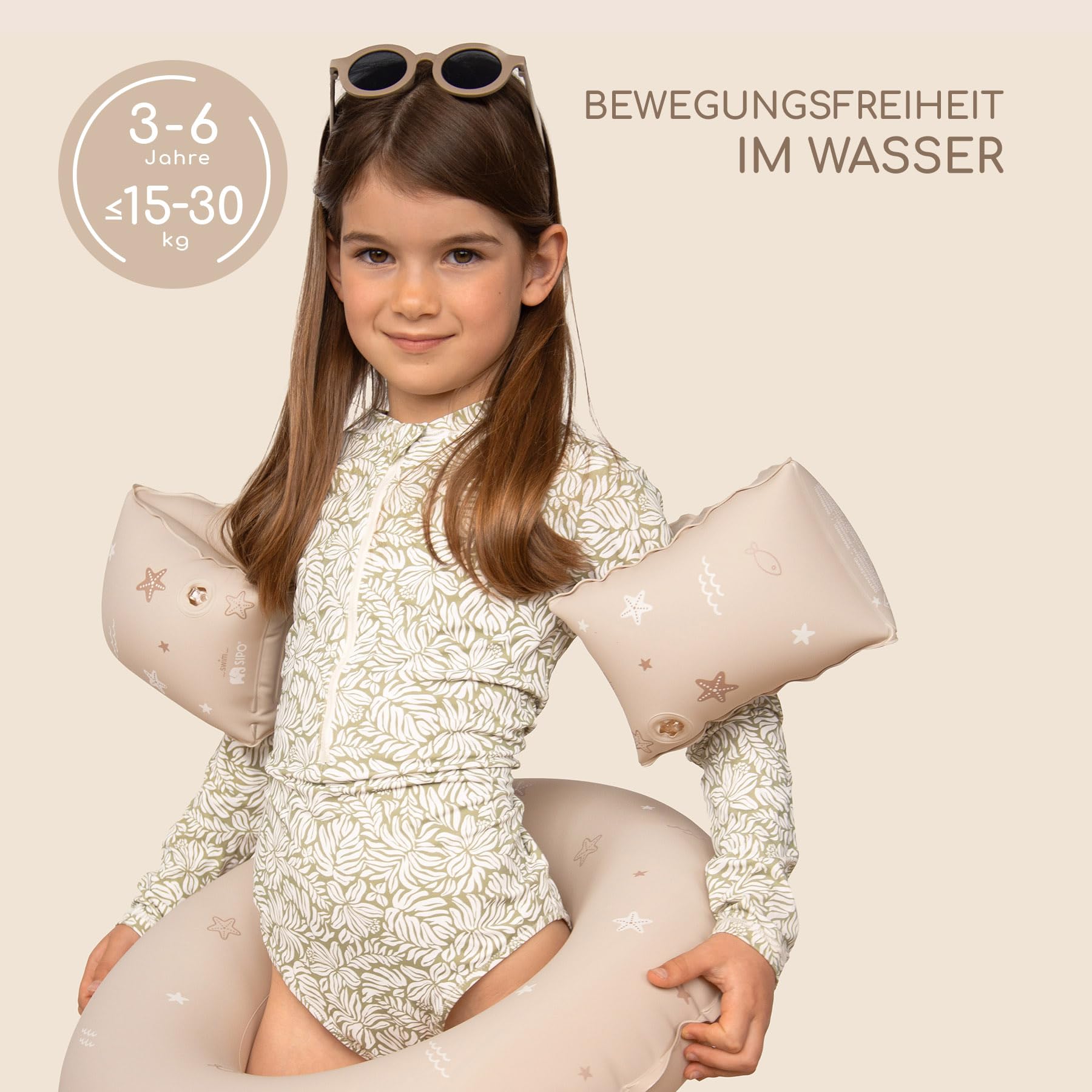SIPO Bouée rose pour enfants de 3 à 6 ans - Aide à la natation gonflable pour apprendre à nager - 15-30 kg - Pour les vacances à la piscine, les vacances et le plaisir aquatique (beige)