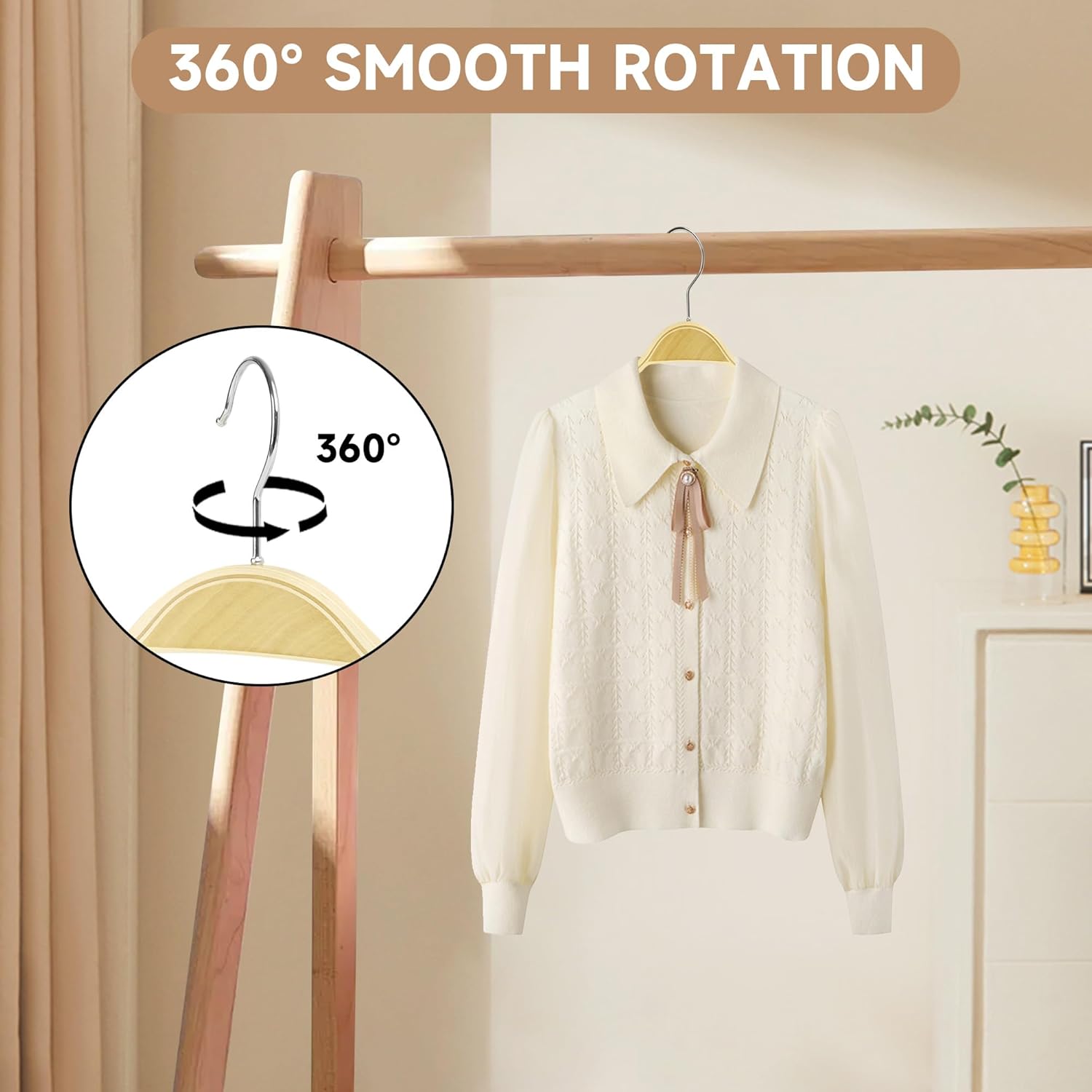 Slim Birch Wood Hangers with Soft Non-Slip Rubber Strips, 12-Pack 360° Swivel Hook Wooden Hangers with No Shoulder Bump for Sweater, Shirts, Camisole, Jacket, Dress, Sleek and Space-Saving Design