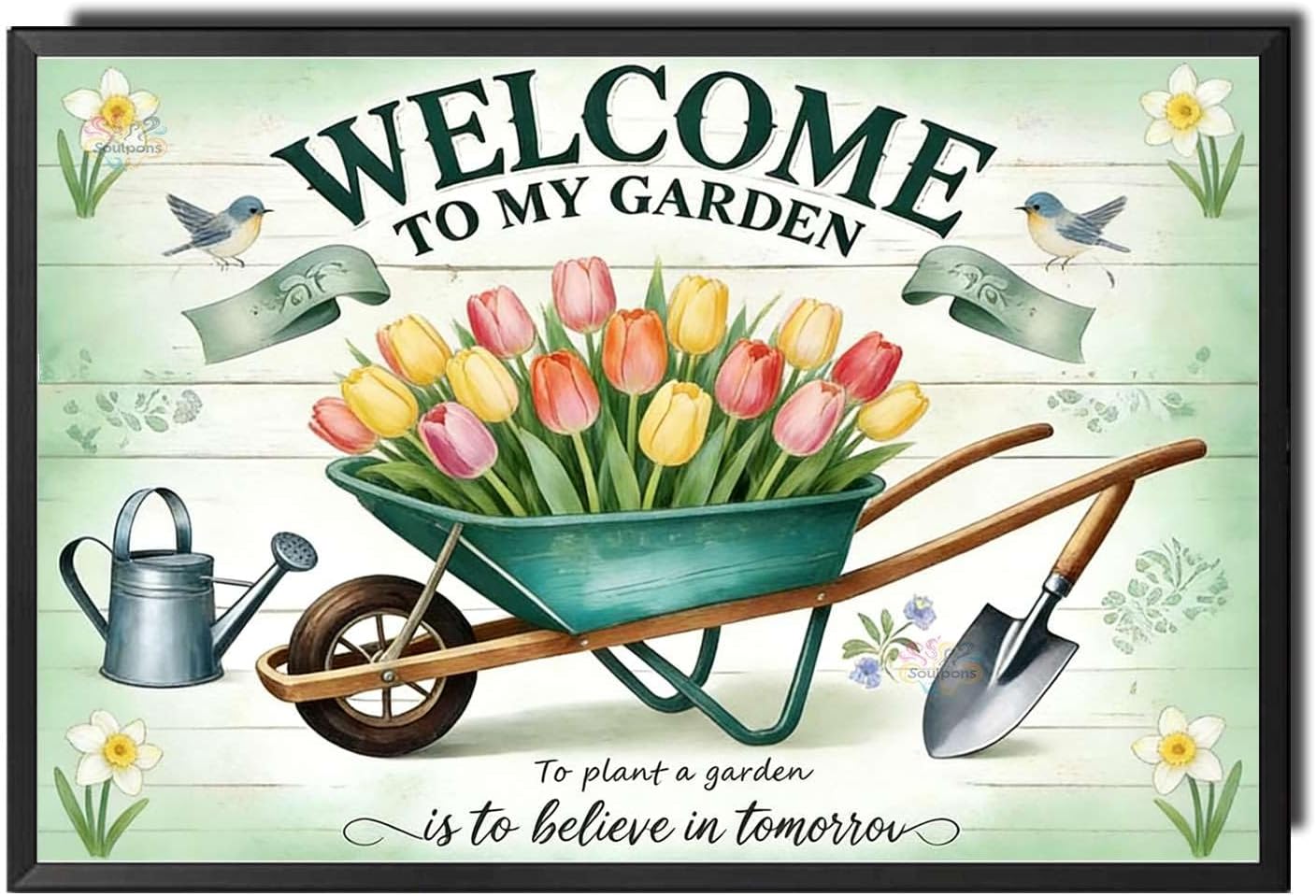 Decorative Tin Sign Vintage Wall Art with Flower and Garden Tools Design for Decorating Backyard Patios Porches Or Garden Sheds Easy to Install 6×8 Inches with Metal Frame