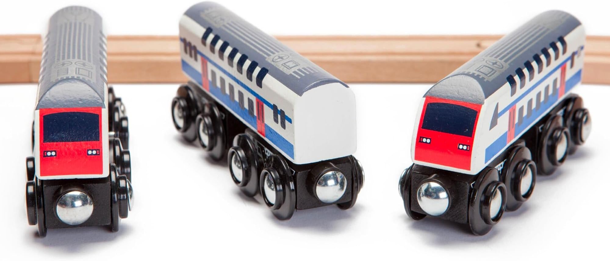 Maxim Enterprise Double Decker Wooden Train with 2 Engines & 1 Car. Multi-Level Commuter Passenger Transit Toy. Detailed, Bright Vivid Colours, Fun for Kids 3 and Up. Universally Compatible