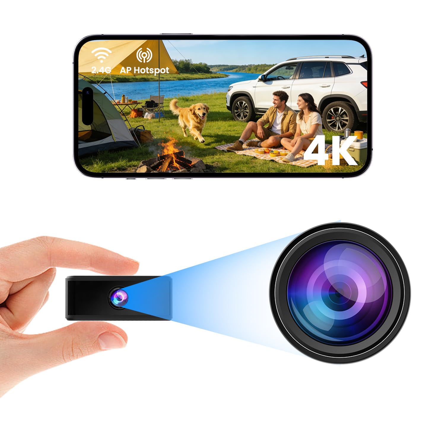 Mini Kamera, Funktioniert mit oder Ohne WLAN, 4K Kamera Überwachung Innen mit Nachtsicht, 6 Stunden Akkulaufzeit Einer Ladung, Bewegungserkennung, Mini Überwachungskamera Akku für Innen/ Außenbereich