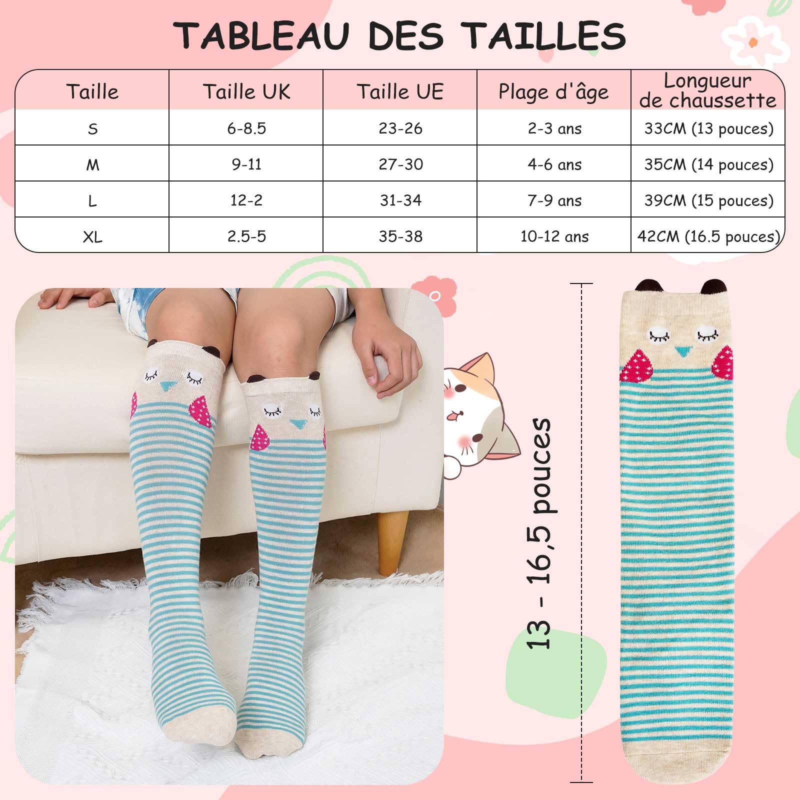 LOFIR Chaussettes Hautes Fille Enfant: Chaussettes Longues en Coton Sans Couture pour Filles - Chaussettes Montantes au Genou avec Kawaii Fantaisie Animaux Chat pour Cadeau 5 Paires Taille 23-38