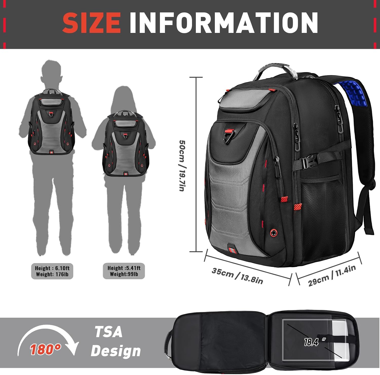 Z-MGKISS Large Travel Backpack, 18.4 Inch Laptop backpack for men, Business Work Bag with USB Charging Port, Water Resistant, Extra large Backpacks, TSA Flight Approved, Grey