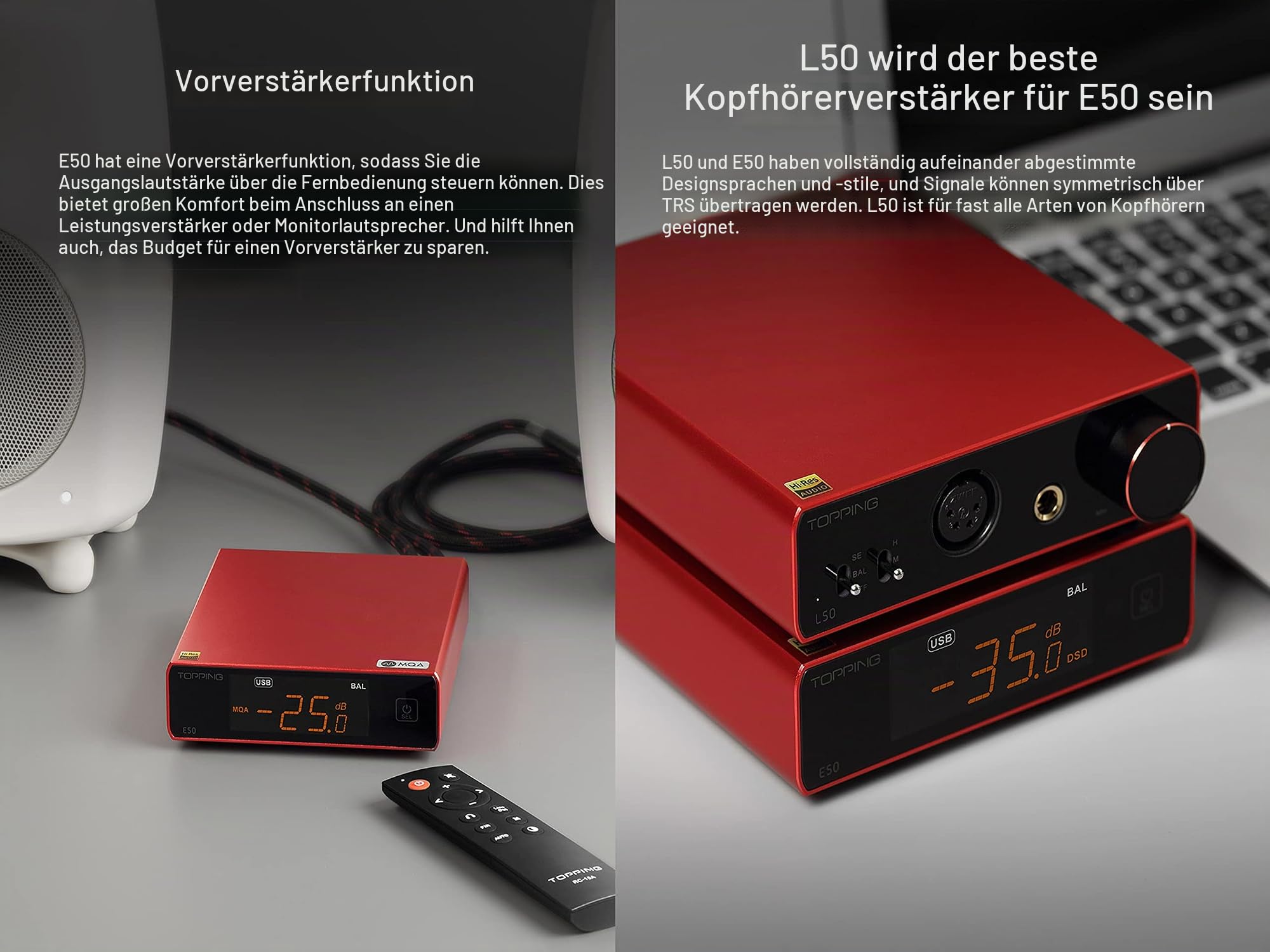 Topping E50 Mini HiFi DAC ES9068AS DSD512 PCM768kHz USB DAC USB/Koax/Opt Eingänge RCA/TRS Ausgänge Decoder für Heimkino Spielmusik Silber