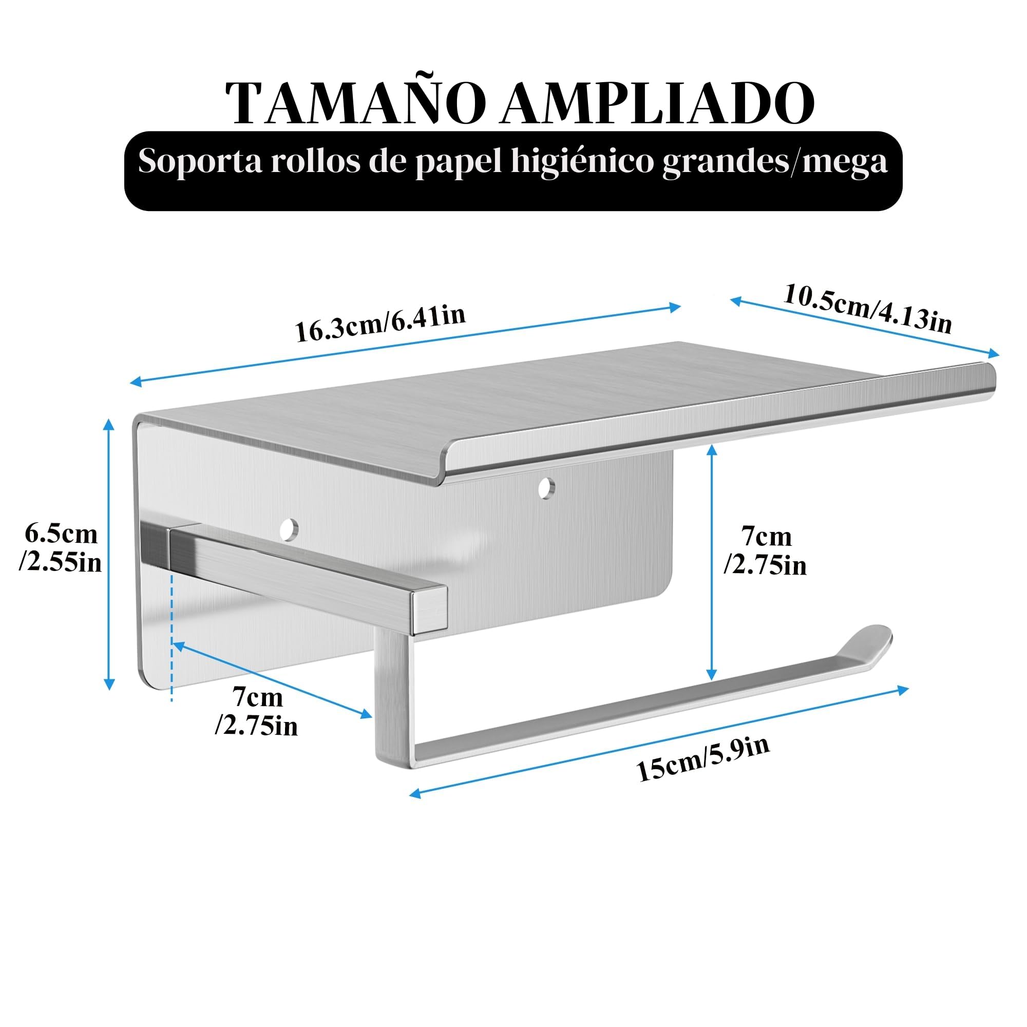 susswiff Soporte para papel higiénico con estante cromado – Soporte para rollos de papel higiénico, autoadhesivo, sin taladrar, soporte de papel higiénico para baño, acero inoxidable, plateado